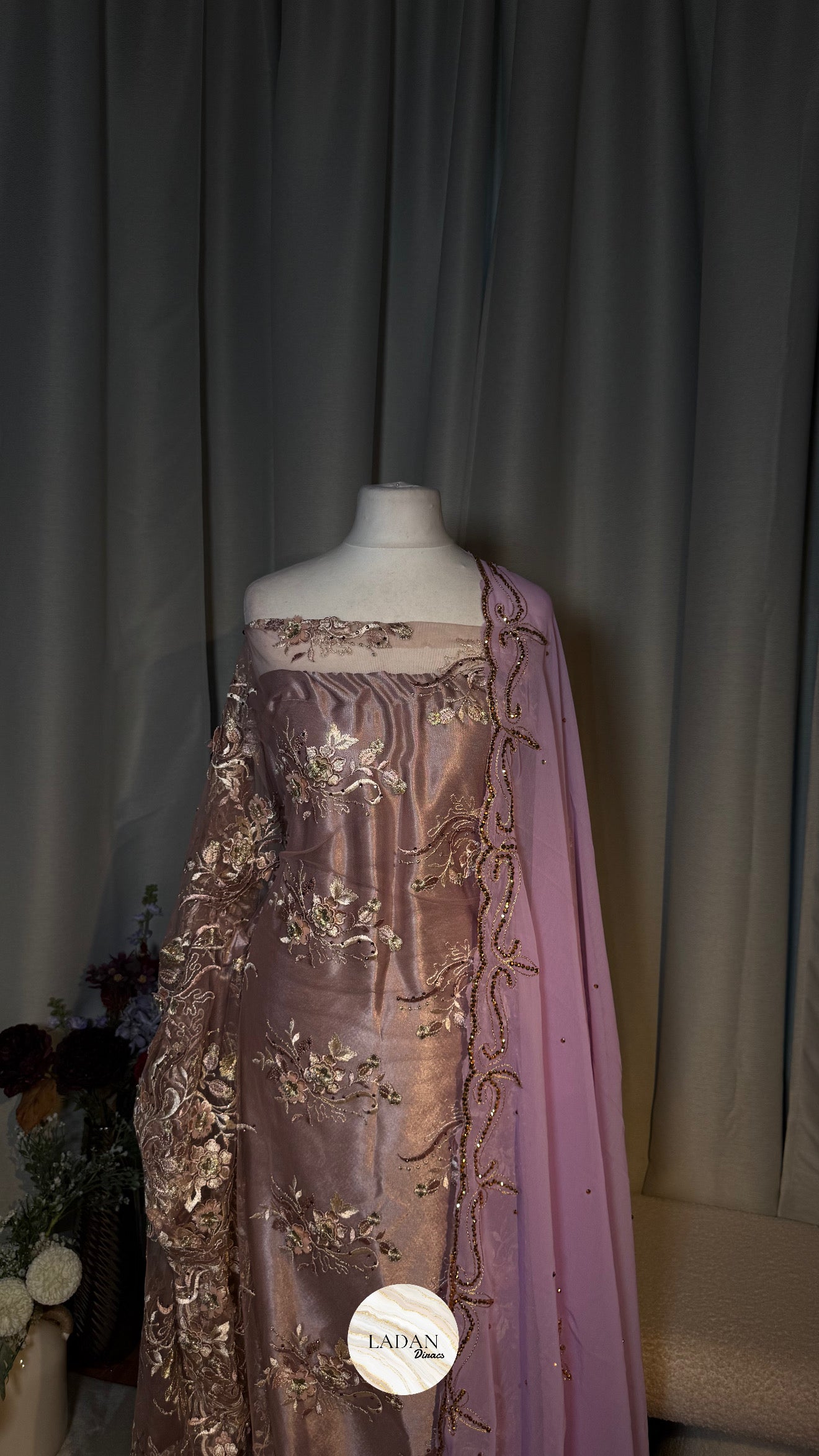 Floral Pearl Lace Dirac Set | Lilac | Matching Embroidered Garbasaar