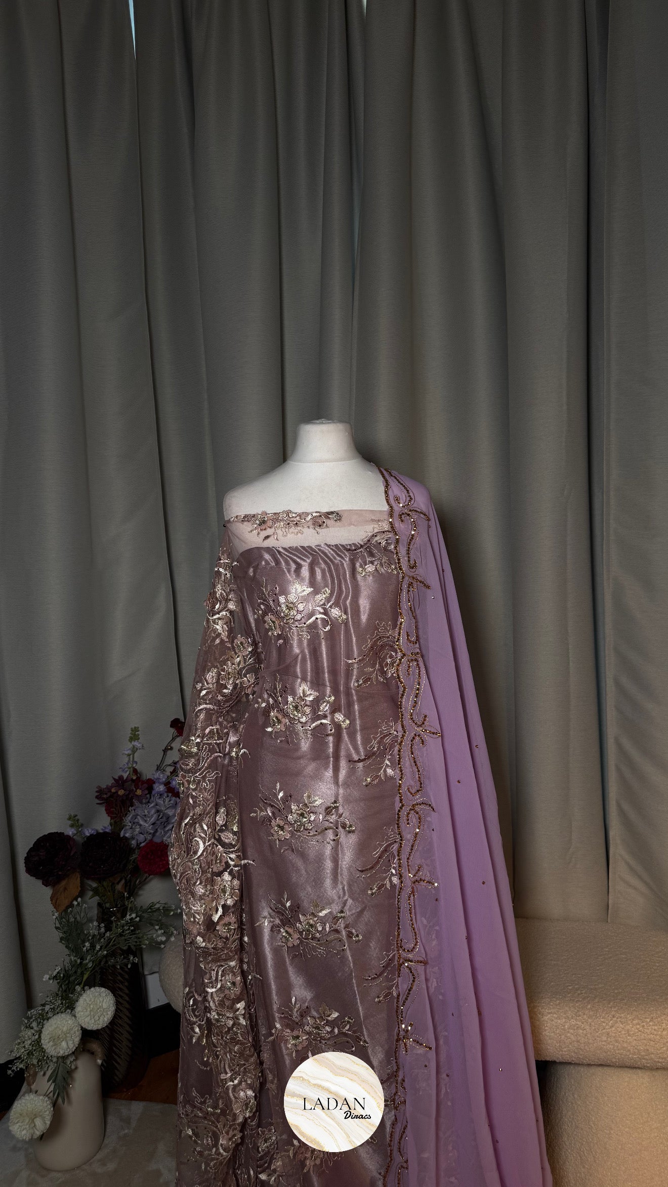 Floral Pearl Lace Dirac Set | Lilac | Matching Embroidered Garbasaar