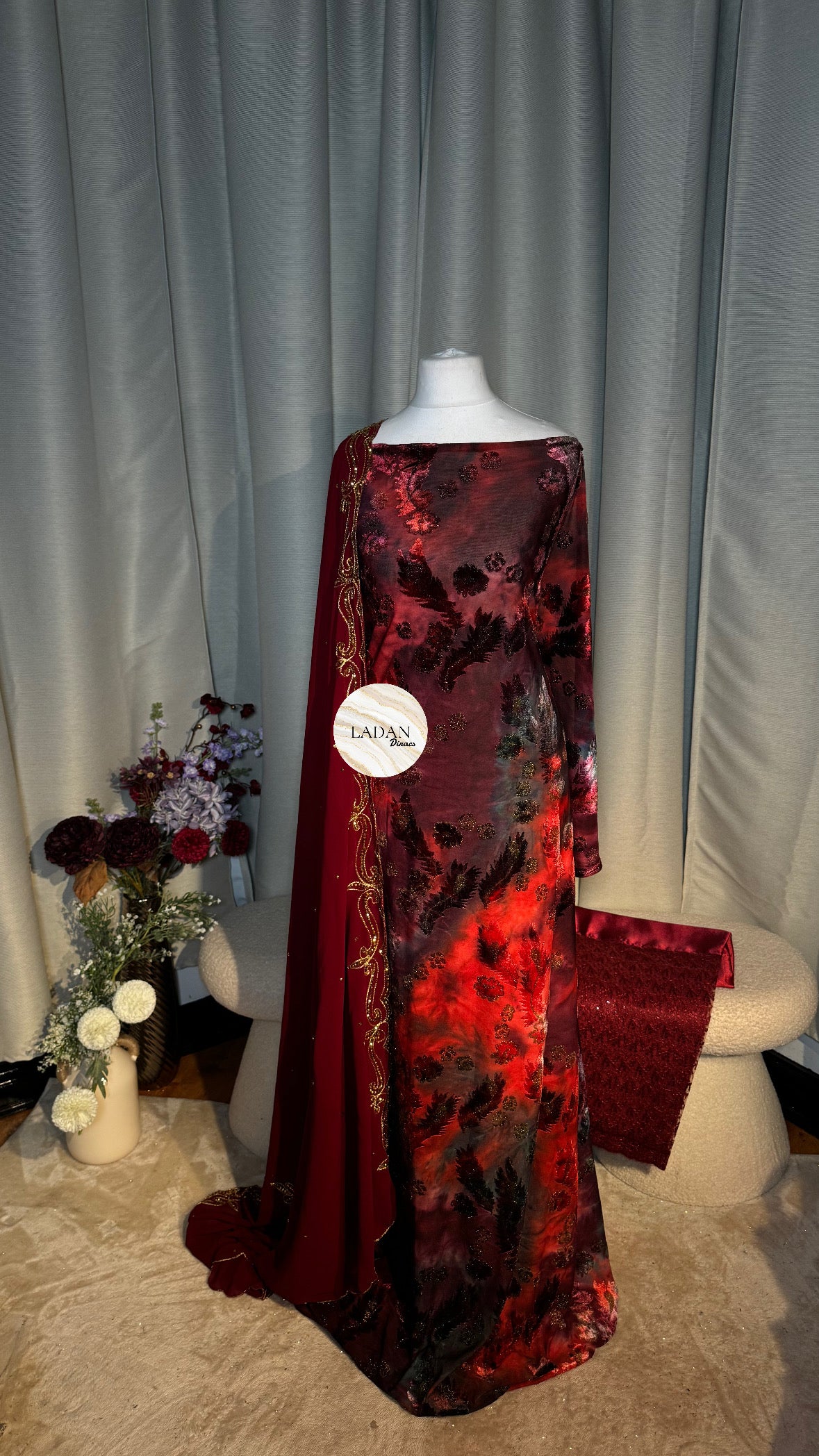Floral Velvet Dirac Set - Maroon/Red/Teal