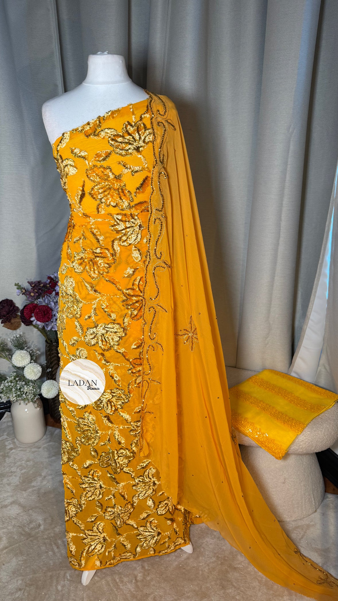 Luxury Maqbal | Hibiscus Collection | Golden Mustard Dirac Set