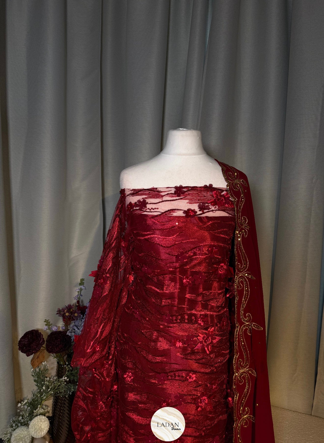 Floral Pearl Lace Dirac Set | Burgundy | Matching Embroidered Garbasaar