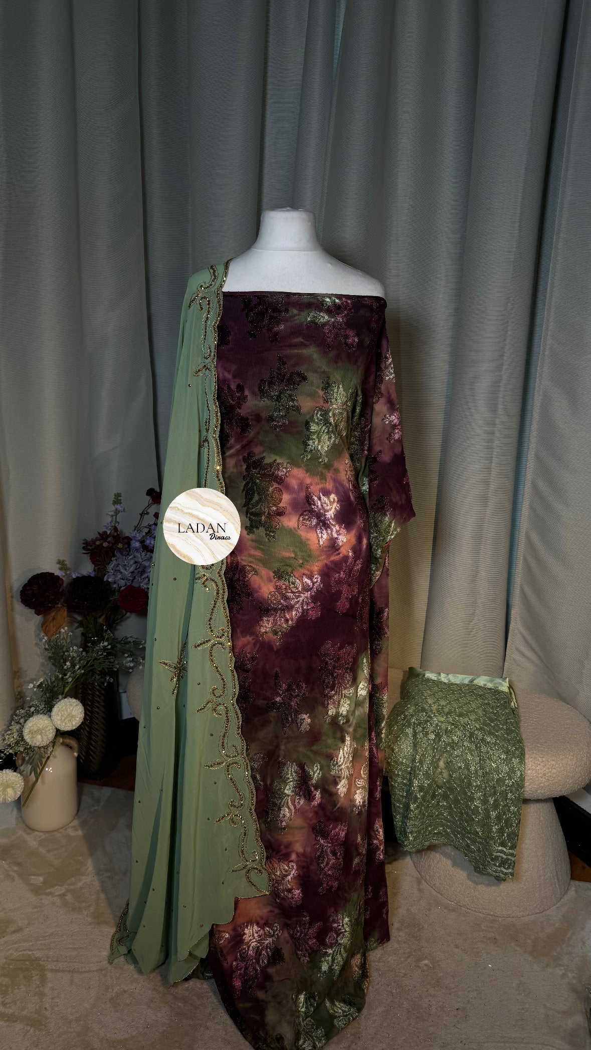 Pre-Stitched Floral Velvet Dirac Set - Plum/Sage-Green/Peach