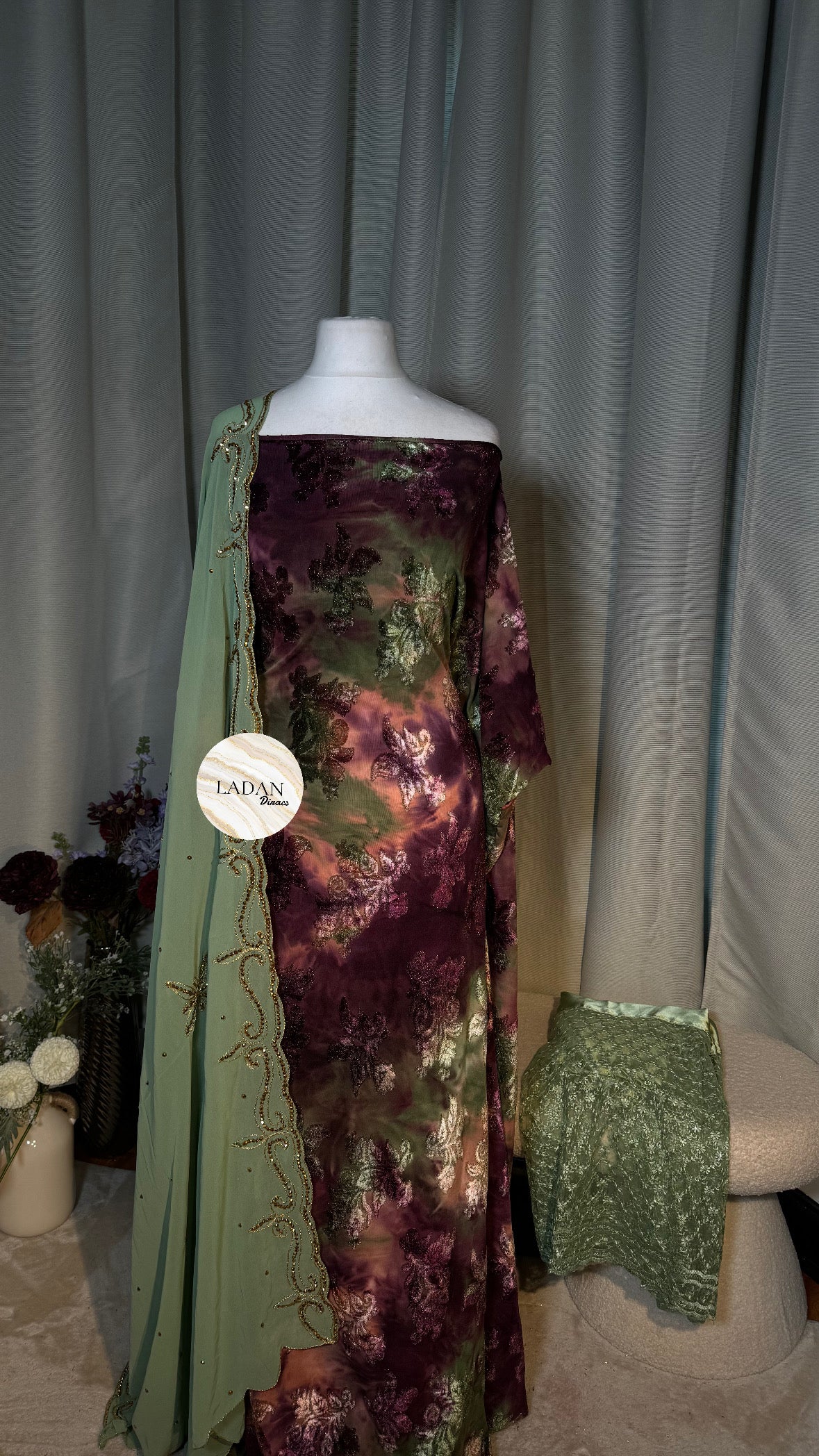 Pre-Stitched Floral Velvet Dirac Set - Plum/Sage-Green/Peach