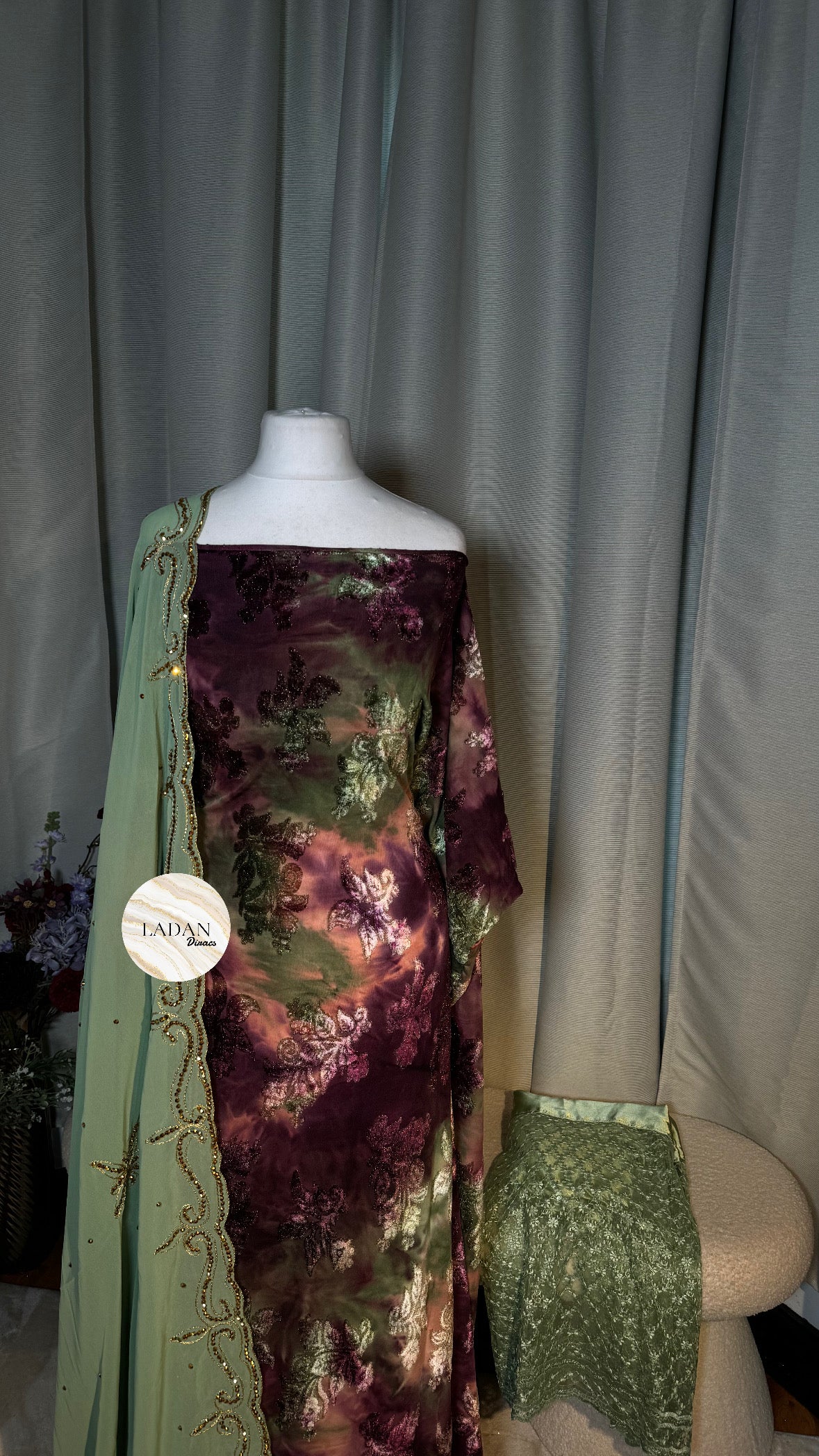 Pre-Stitched Floral Velvet Dirac Set - Plum/Sage-Green/Peach