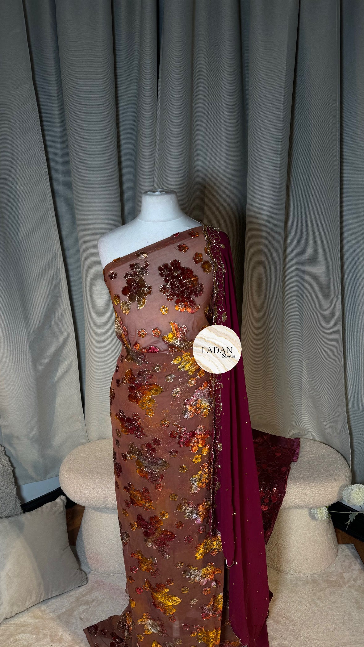 Floral Maqbal Collection | Wine & Brown Dirac Set