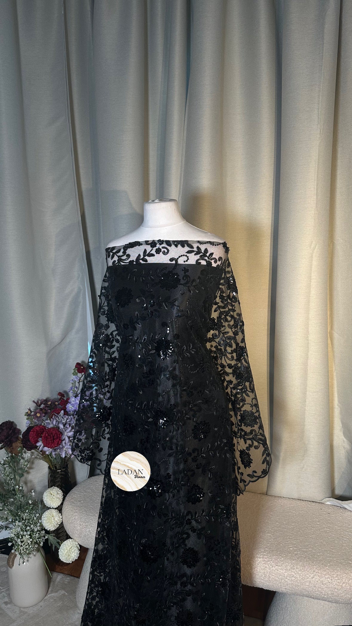 Floral Sequin Lace Dirac Set | Black | Non Tailored