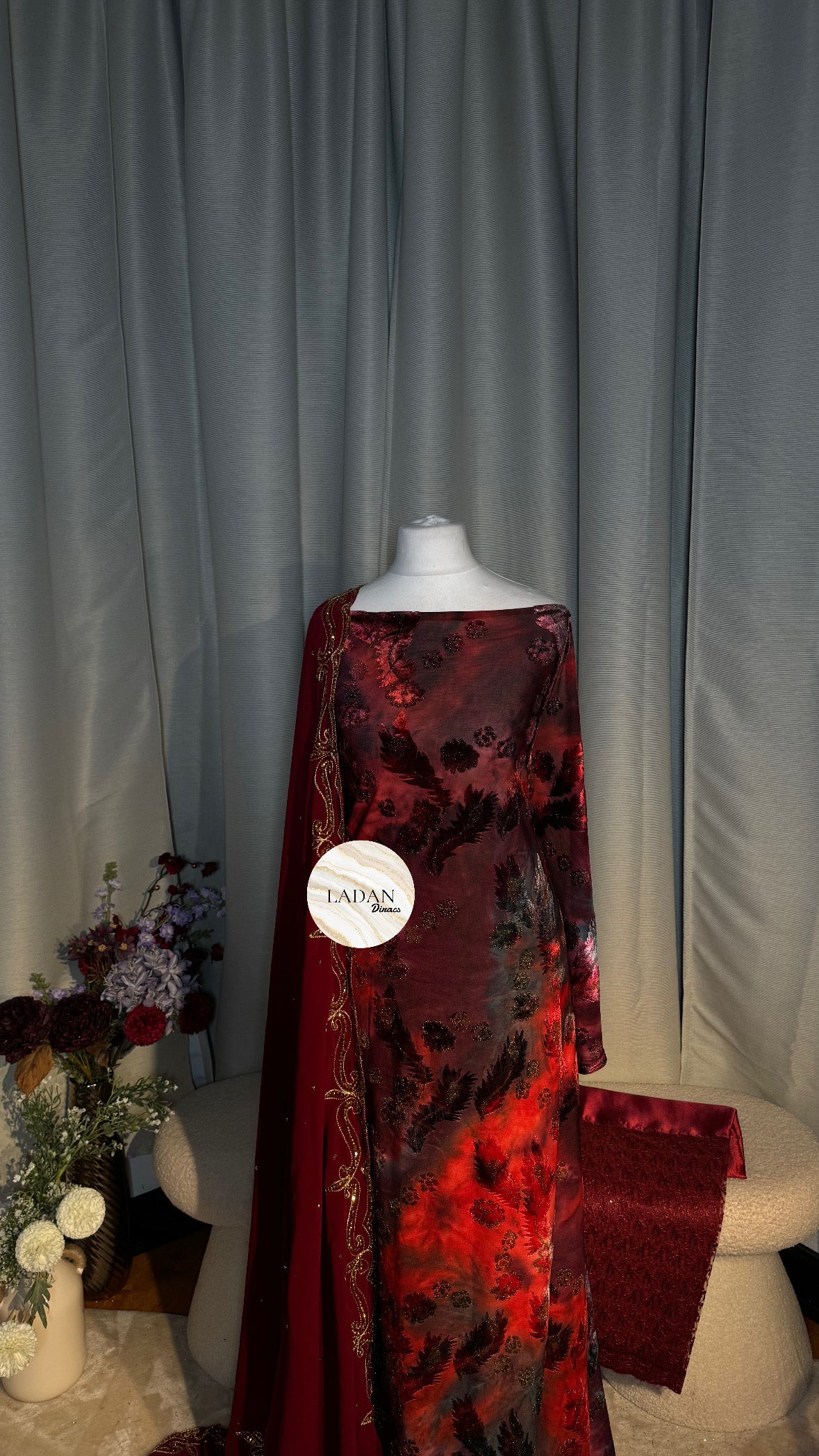 Floral Velvet Dirac Set - Maroon/Red/Teal
