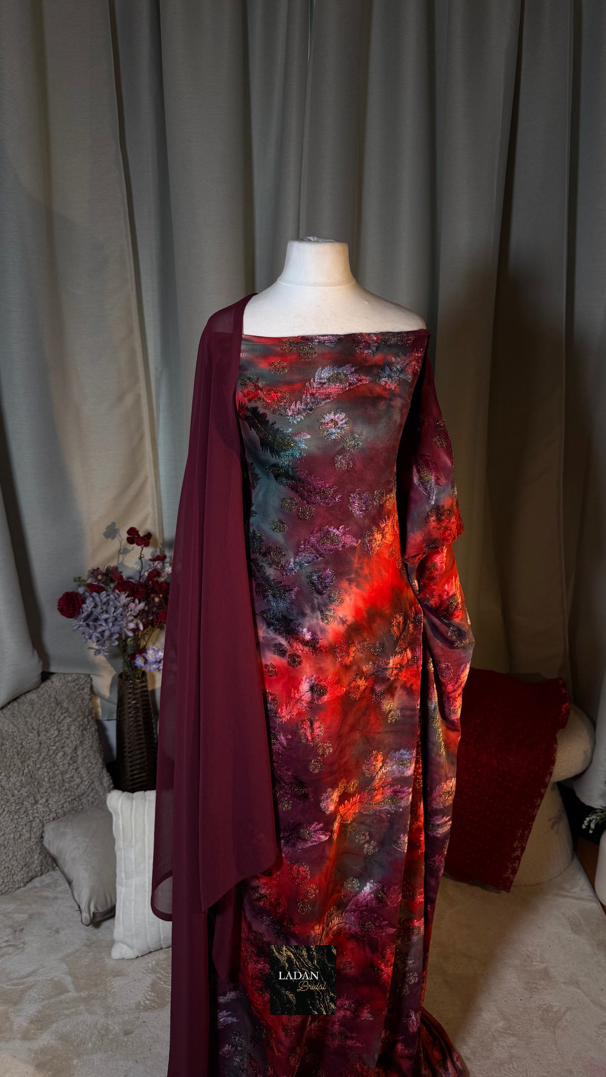 Pre-Stitched Half- Bac Floral Velvet Dirac Set - Maroon/Red/Teal - Abaya Size 58/60