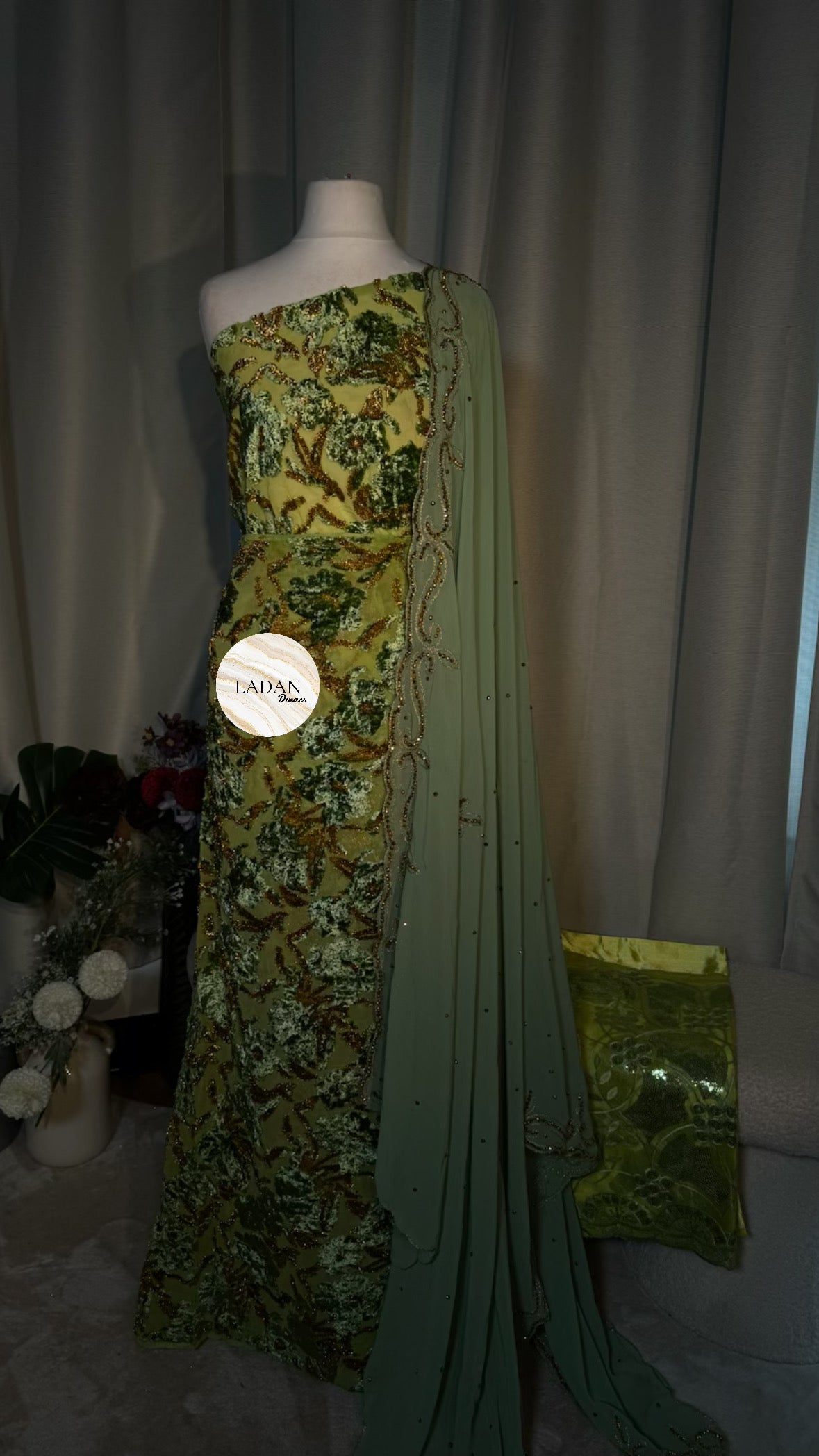 Intricate Floral Maqbal Collection | Sage Green & Mint Dirac Set