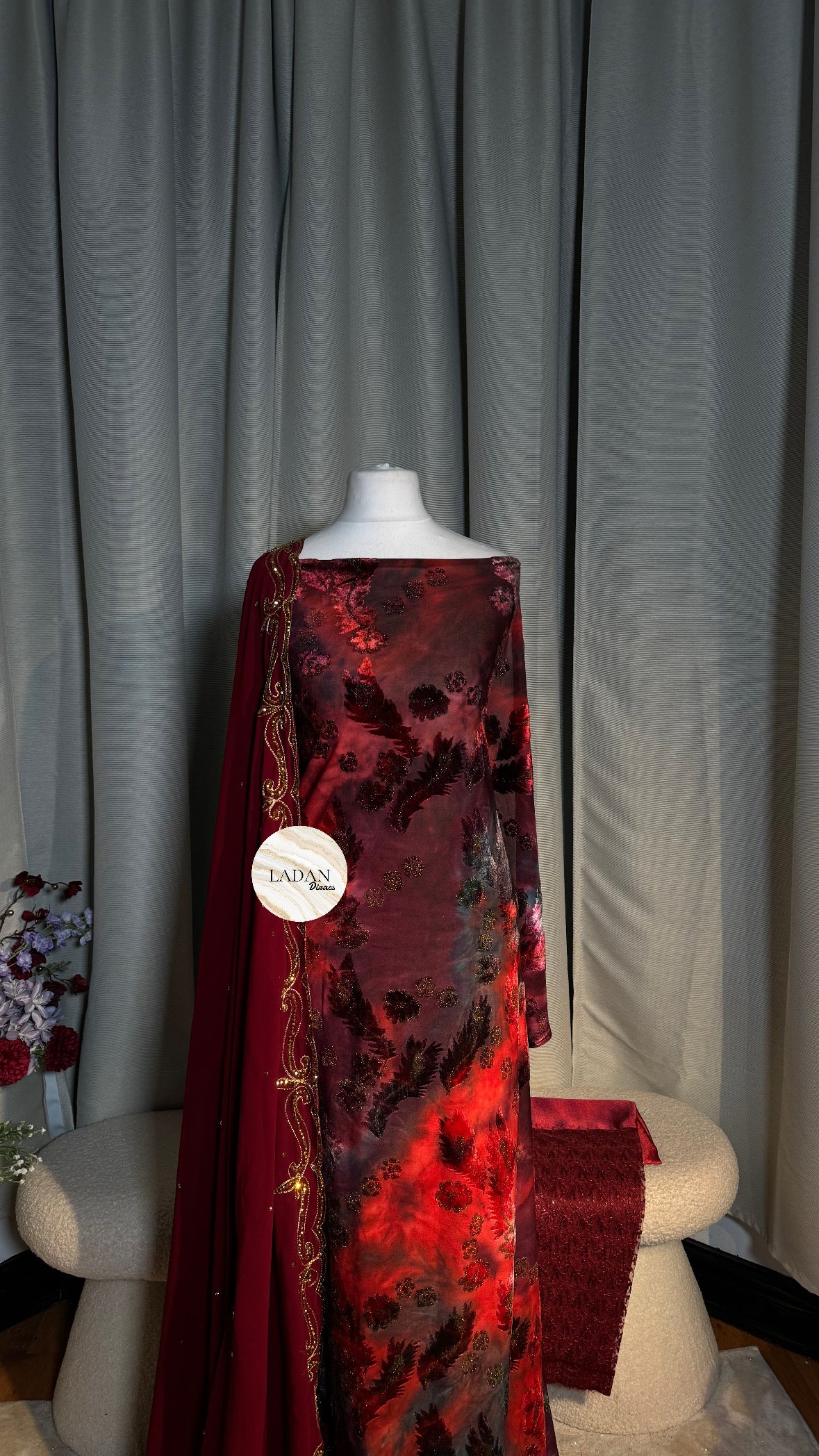 Floral Velvet Dirac Set - Maroon/Red/Teal