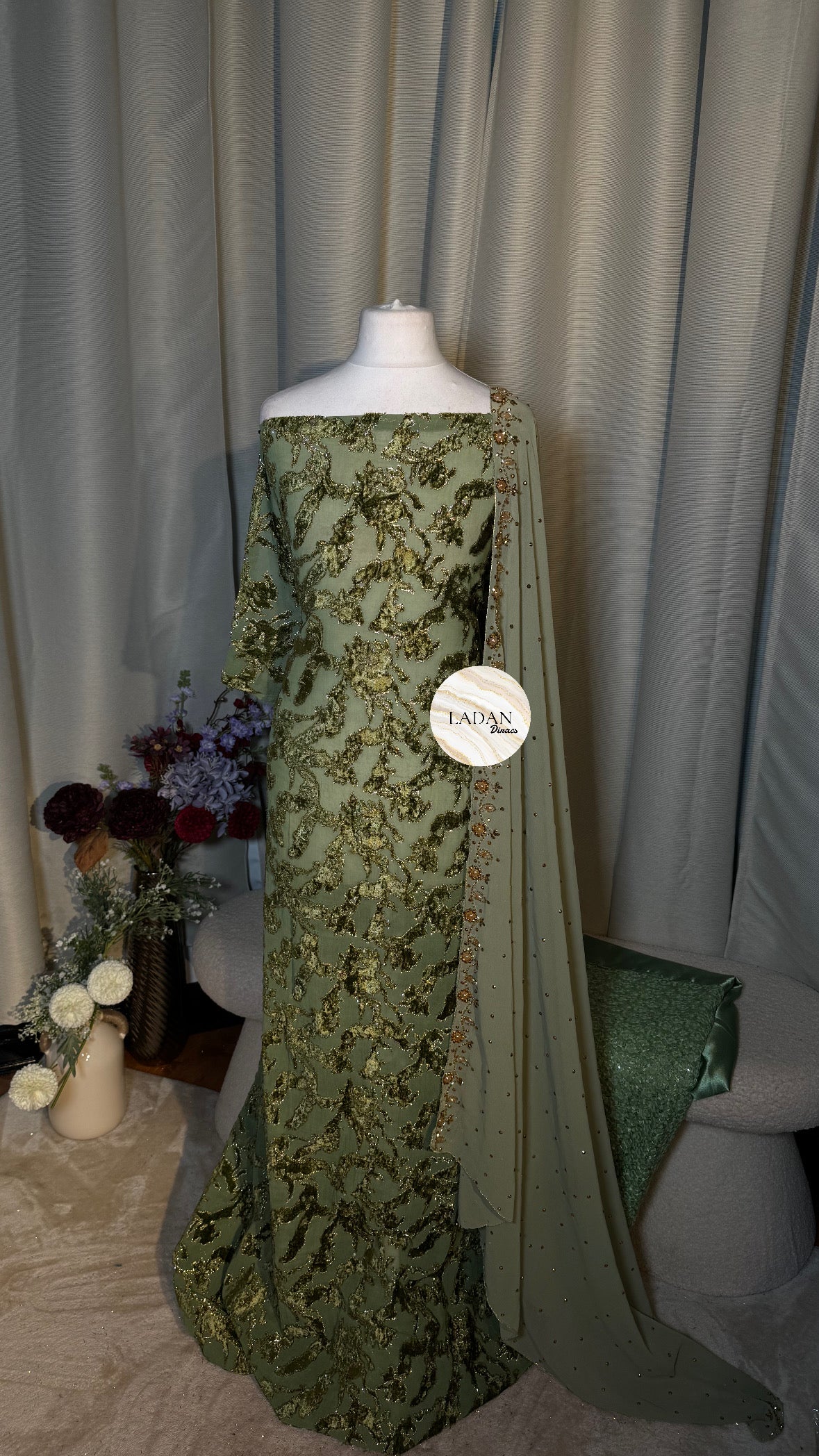 Luxury Maqbal Collection | Sage Green & Olive Dirac Set