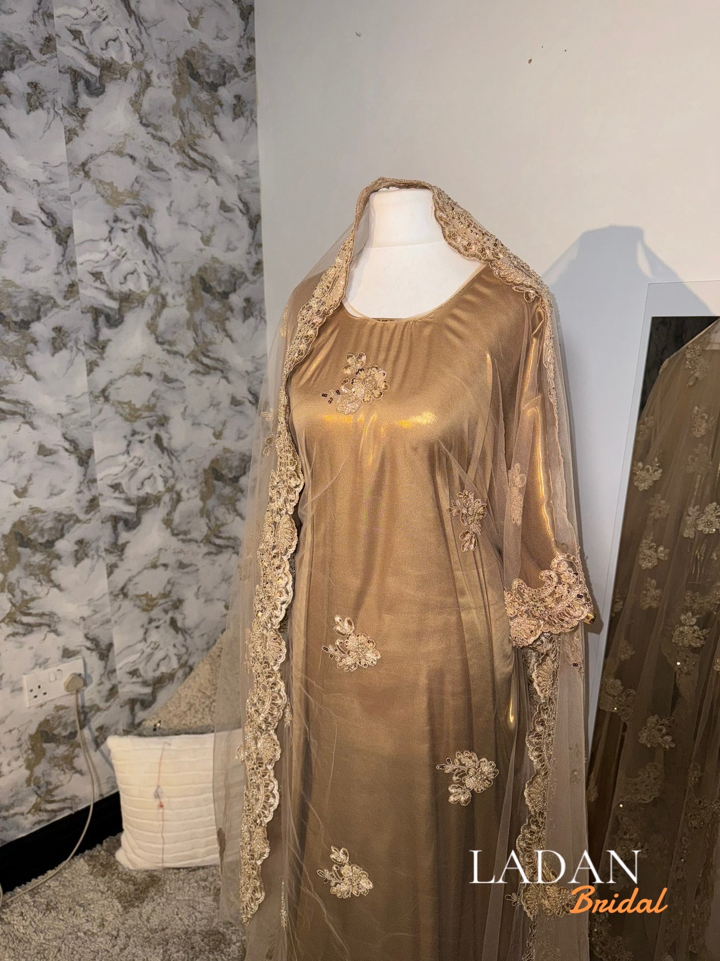 Modest Gold Pearl & Lace Bridal Dirac