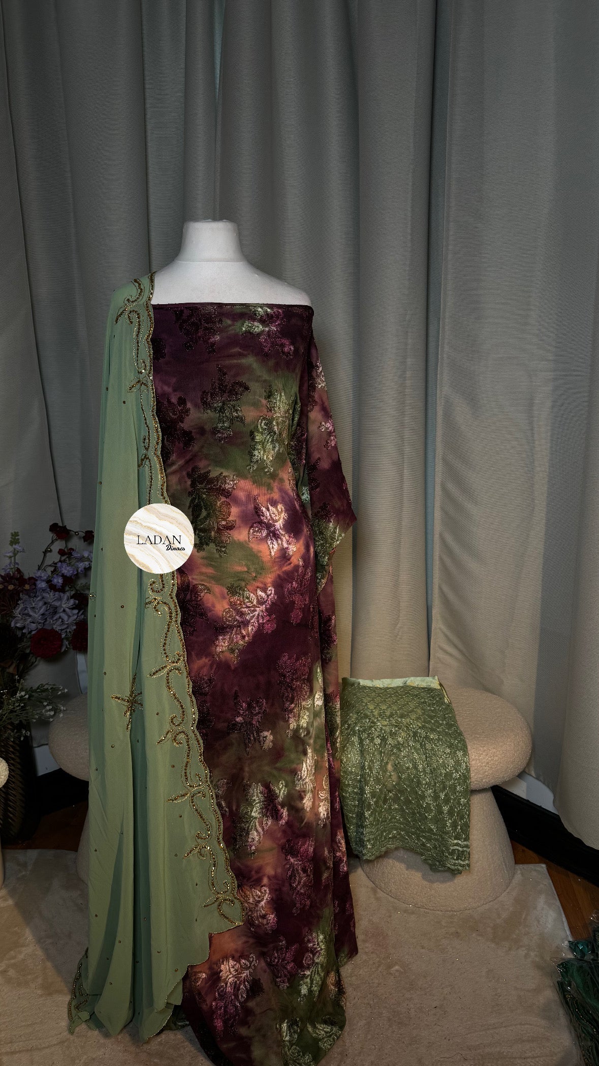 Pre-Stitched Floral Velvet Dirac Set - Plum/Sage-Green/Peach
