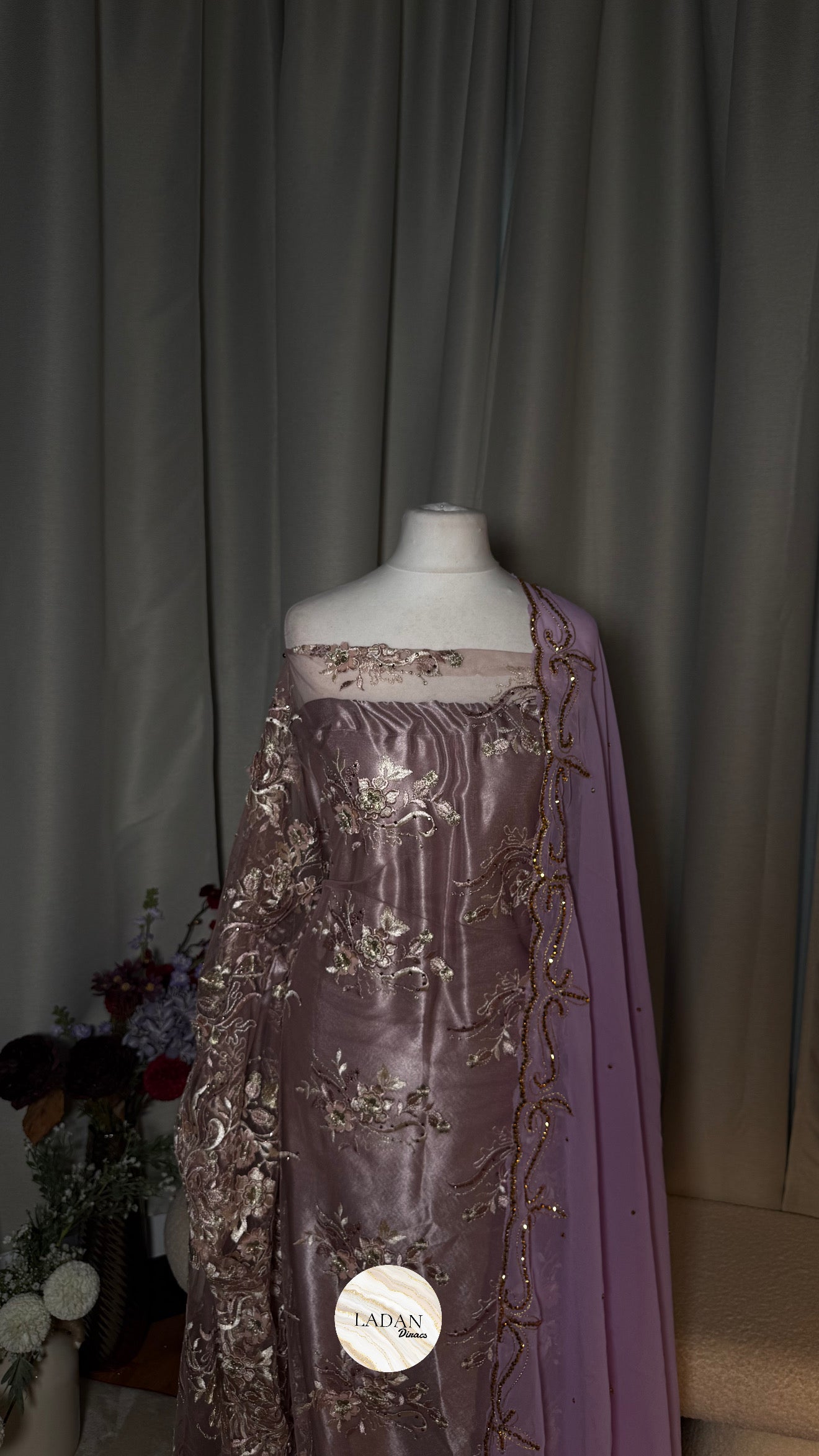 Floral Pearl Lace Dirac Set | Lilac | Matching Embroidered Garbasaar