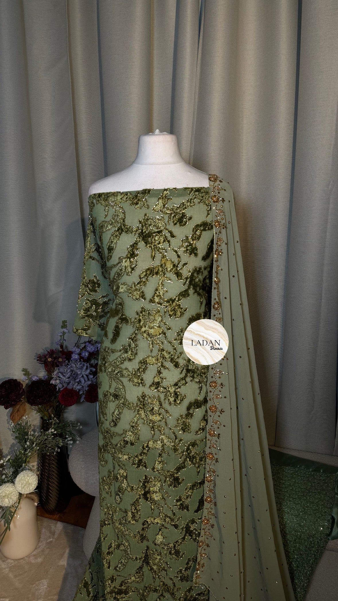 Luxury Maqbal Collection | Sage Green & Olive Dirac Set