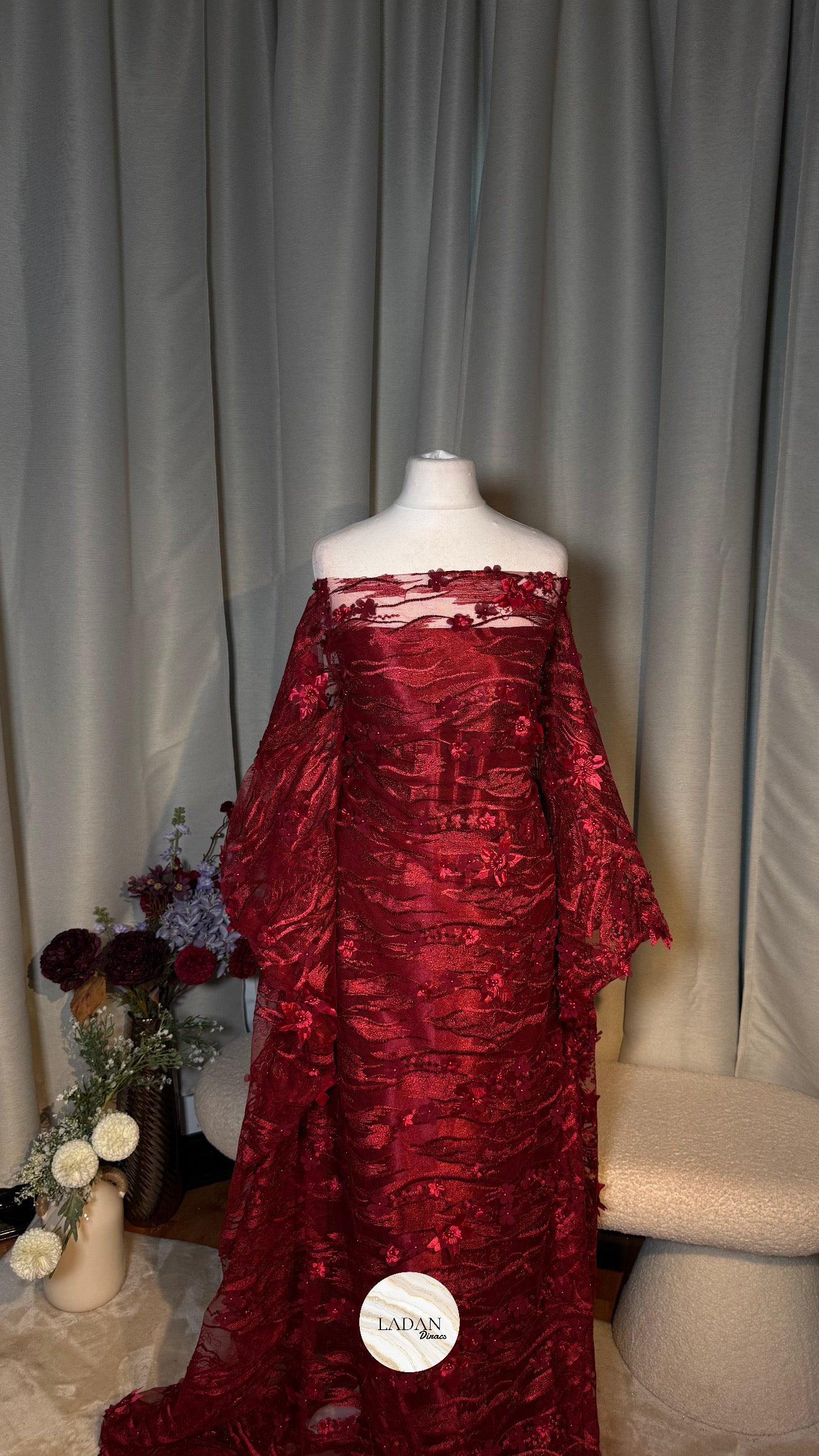 Floral Pearl Lace Dirac Set | Burgundy | Matching Embroidered Garbasaar