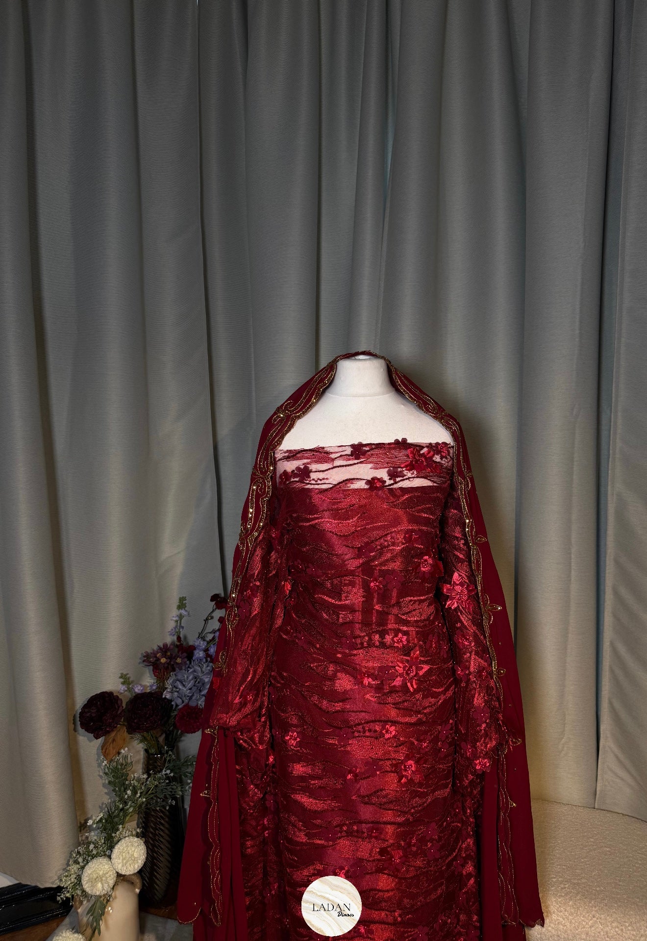 Floral Pearl Lace Dirac Set | Burgundy | Matching Embroidered Garbasaar