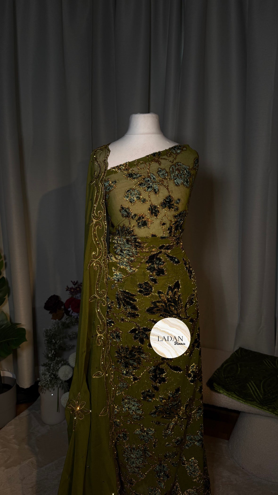 Luxury Floral Maqbal | Olive Green Dirac Set