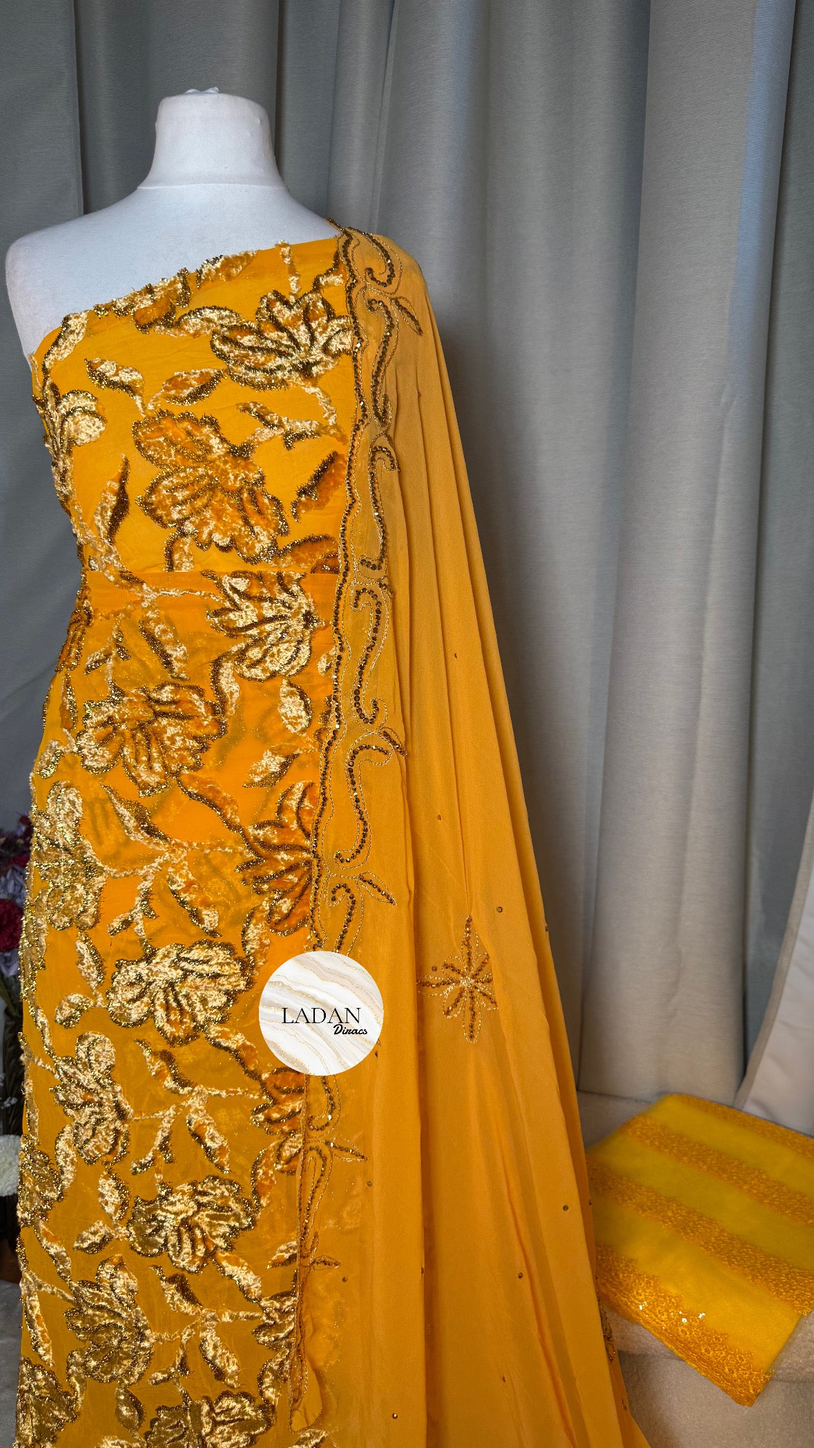 Luxury Maqbal | Hibiscus Collection | Golden Mustard Dirac Set