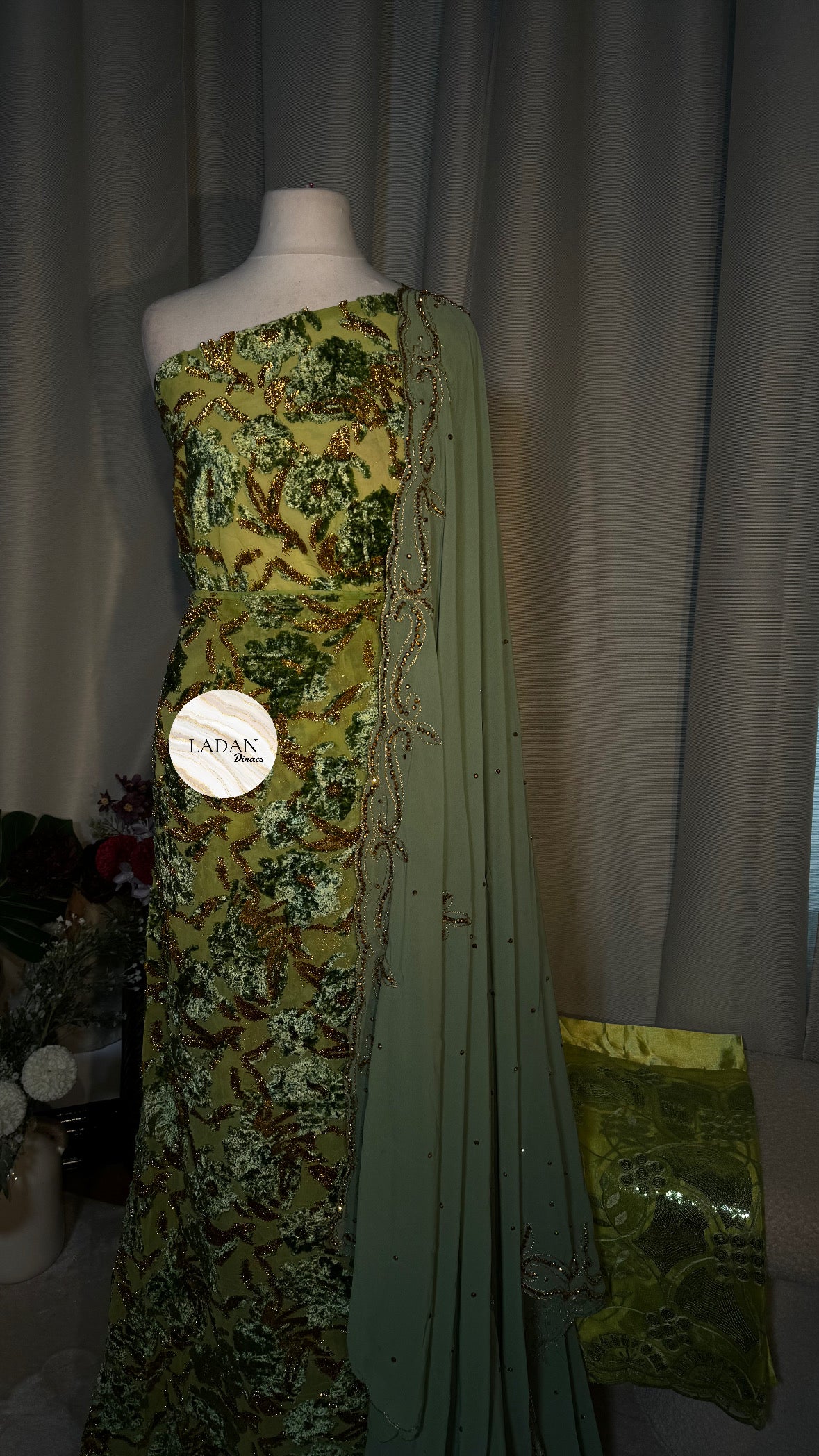 Intricate Floral Maqbal Collection | Sage Green & Mint Dirac Set