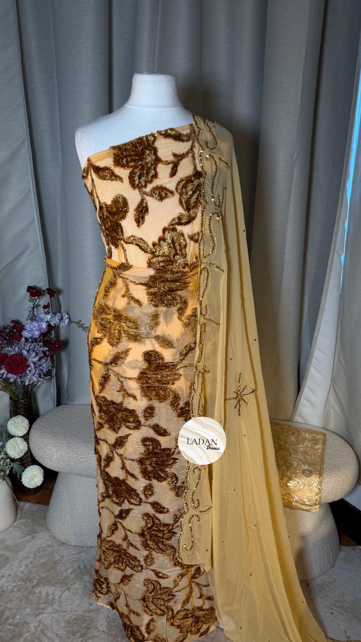 Luxury Maqbal | Hibiscus Collection | Beige Gold Dirac Set