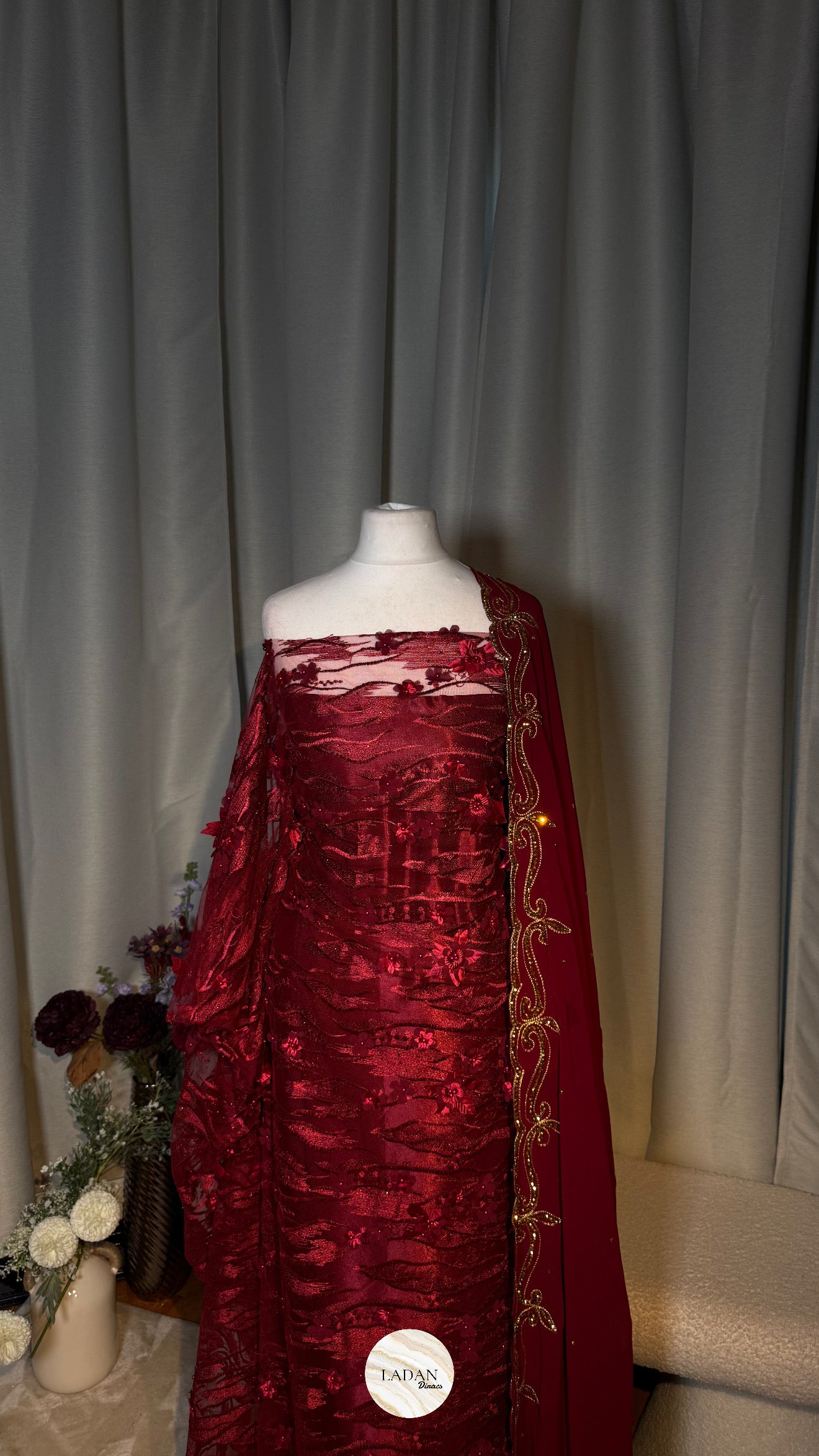 Floral Pearl Lace Dirac Set | Burgundy | Matching Embroidered Garbasaar