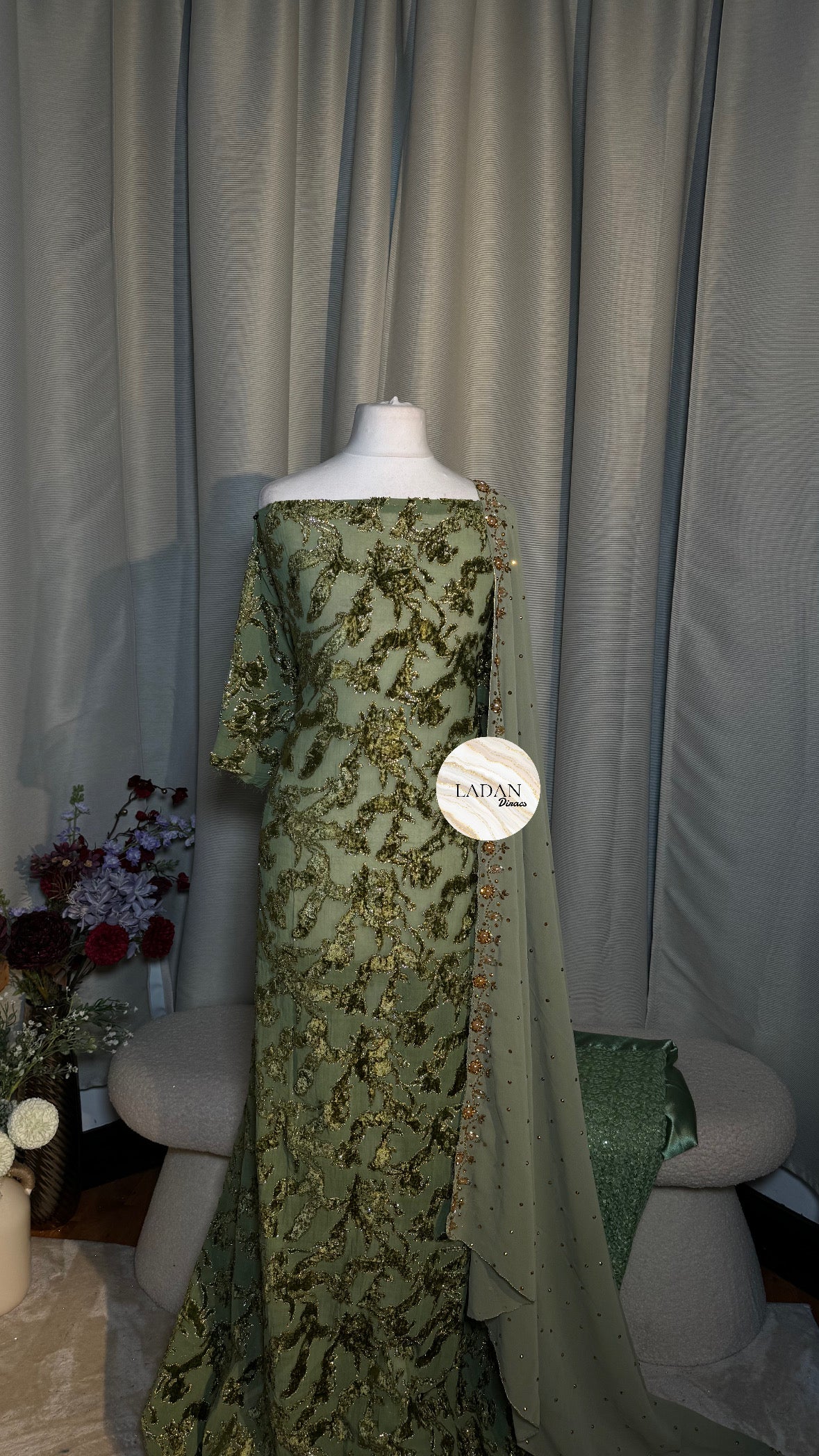 Luxury Maqbal Collection | Sage Green & Olive Dirac Set