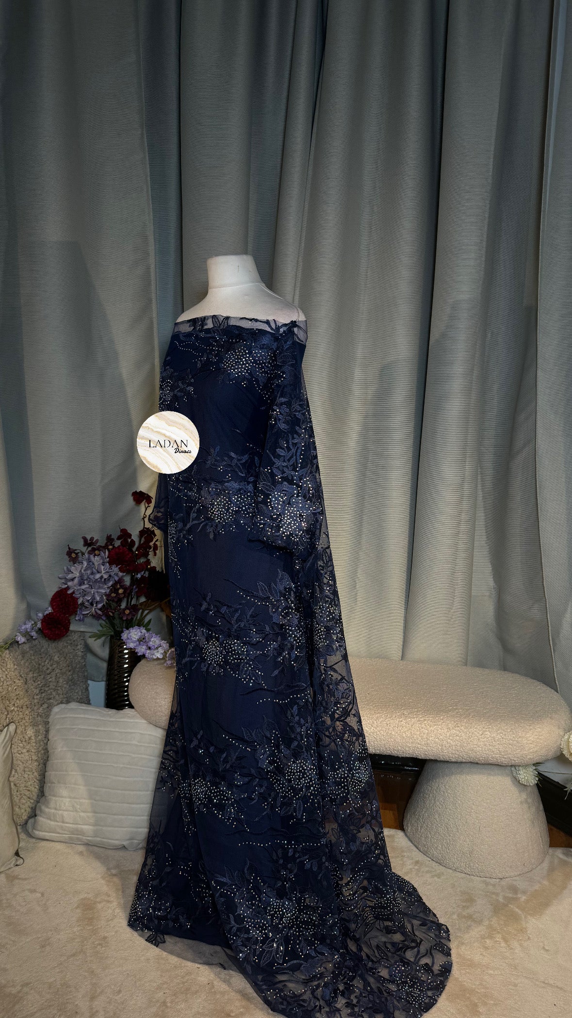 Floral Embroidered Lace Dirac Set | Navy Blue