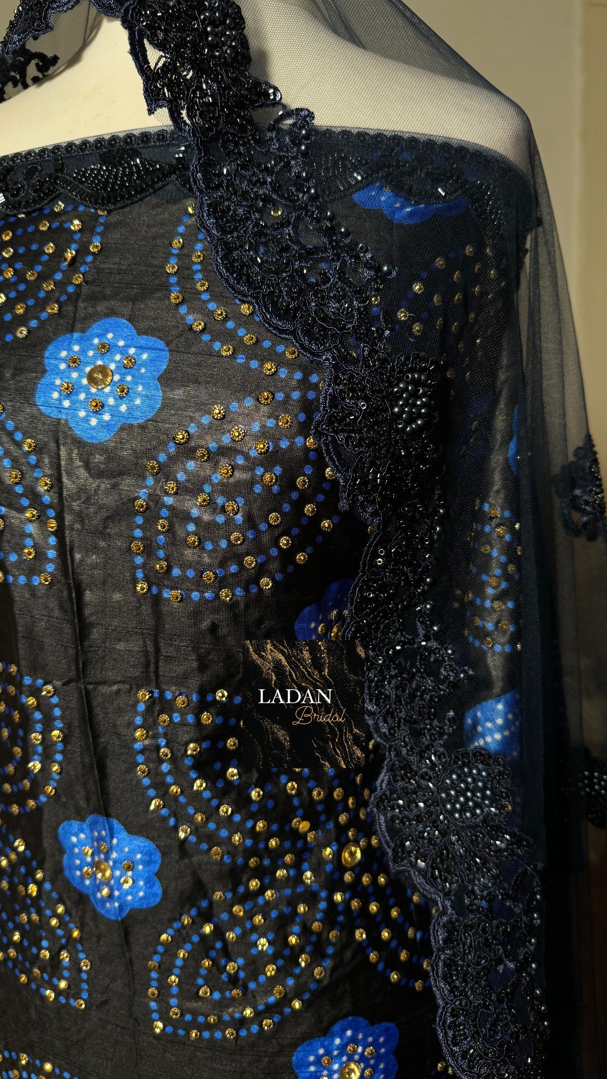 Stone Shaash Bridal Dirac Set | Off the Shoulder | Black & Royal Blue