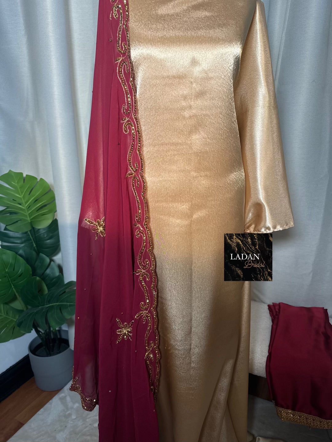 Bespoke Satin Bridesmaids Set - Chiffon Embroided Garbasaars | Maroon