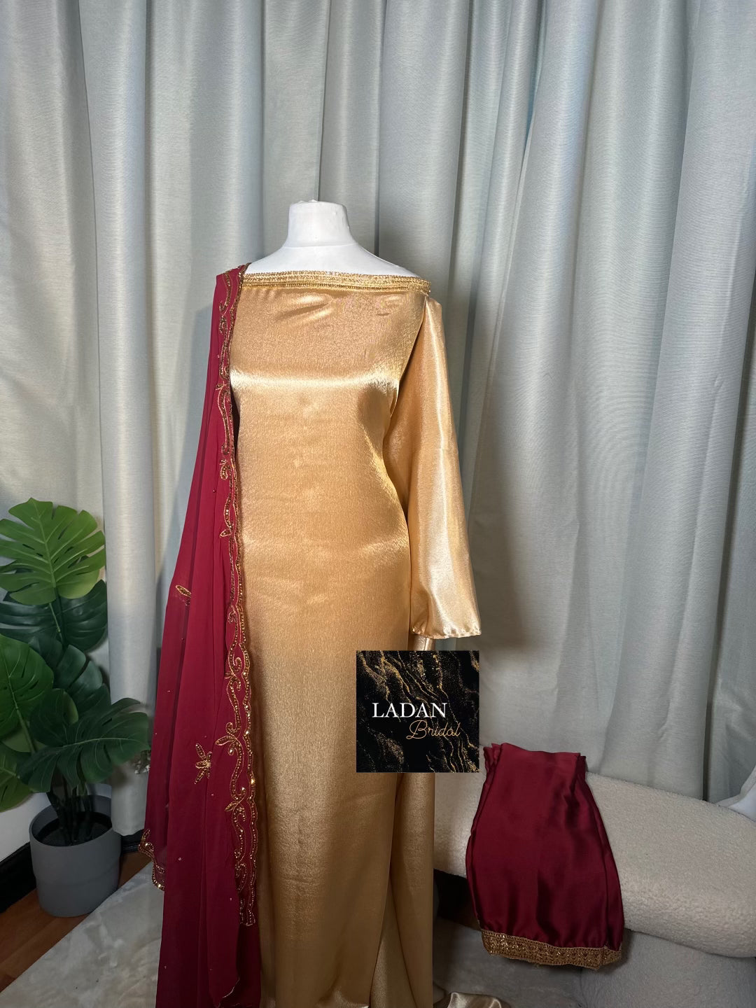 Bespoke Satin Bridesmaids Set - Chiffon Embroided Garbasaars | Maroon