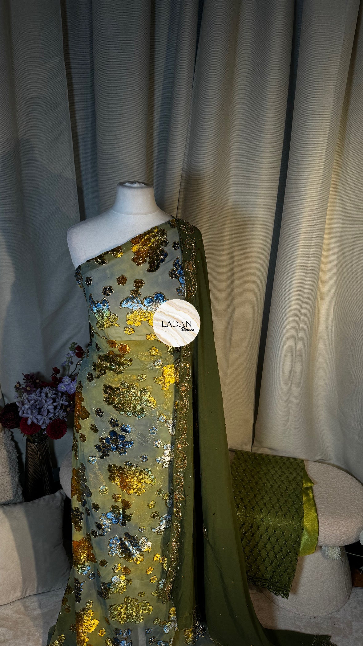 Floral Maqbal Collection | Olive Green Dirac Set