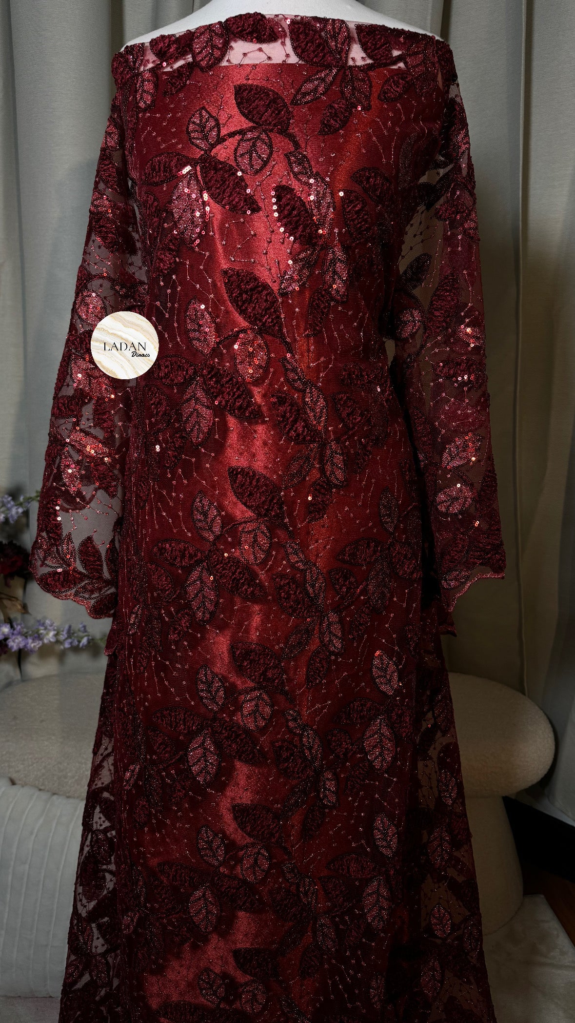 Maroon Leaf Lace Dirac Set