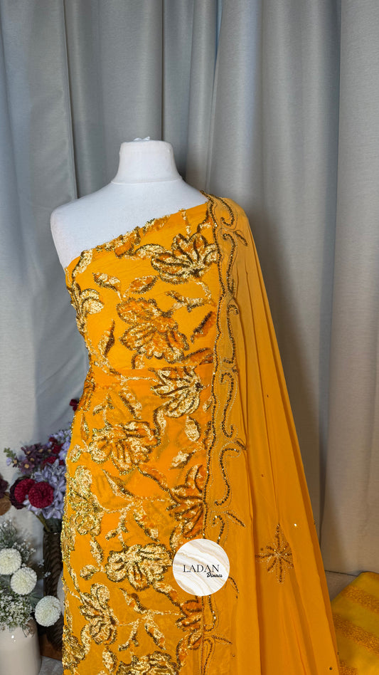 Luxury Maqbal | Hibiscus Collection | Golden Mustard Dirac Set
