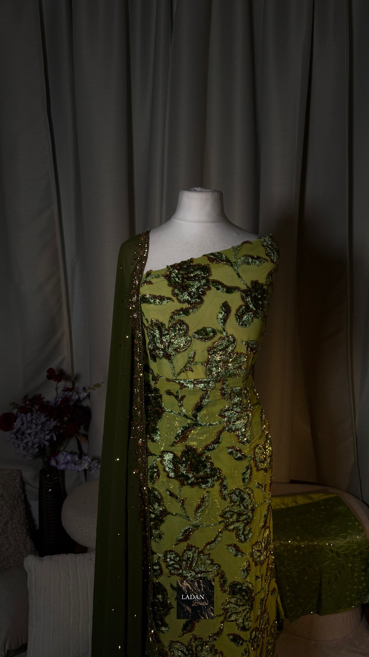 Luxury Maqbal | Hibiscus Collection | Olive & Mint Green Gold Dirac Set