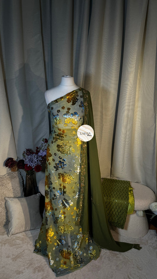 Floral Maqbal Collection | Olive Green Dirac Set
