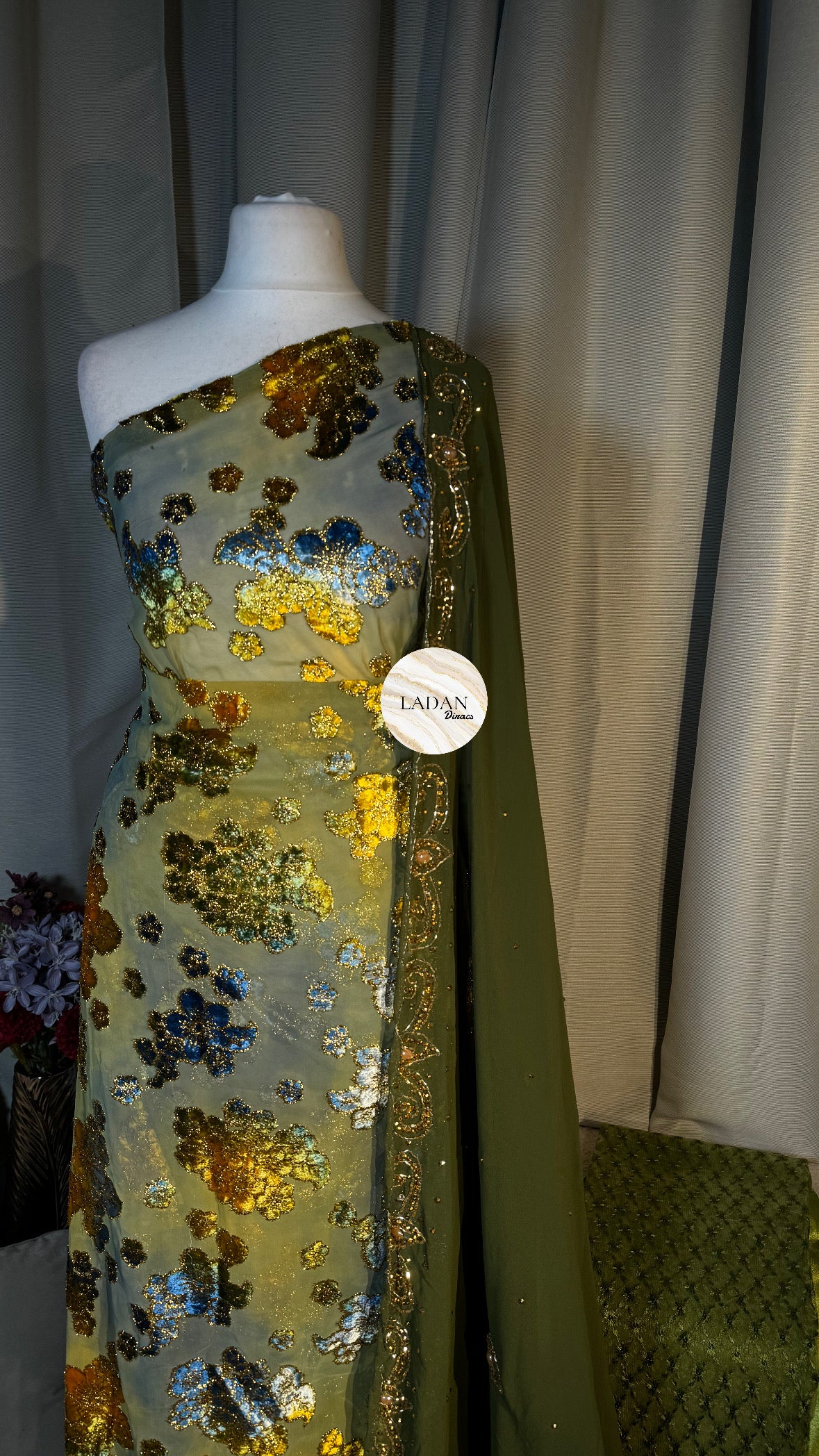 Floral Maqbal Collection | Olive Green Dirac Set