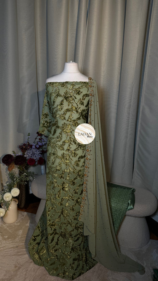 Luxury Maqbal Collection | Sage Green & Olive Dirac Set