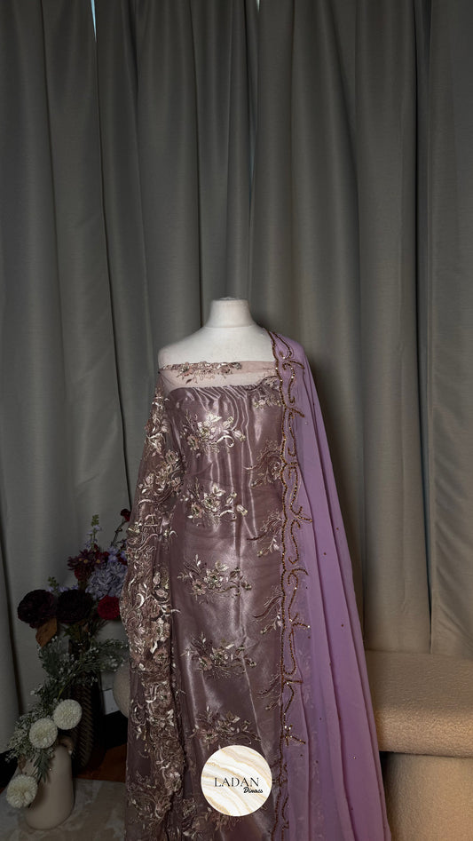 Floral Pearl Lace Dirac Set | Lilac | Matching Embroidered Garbasaar