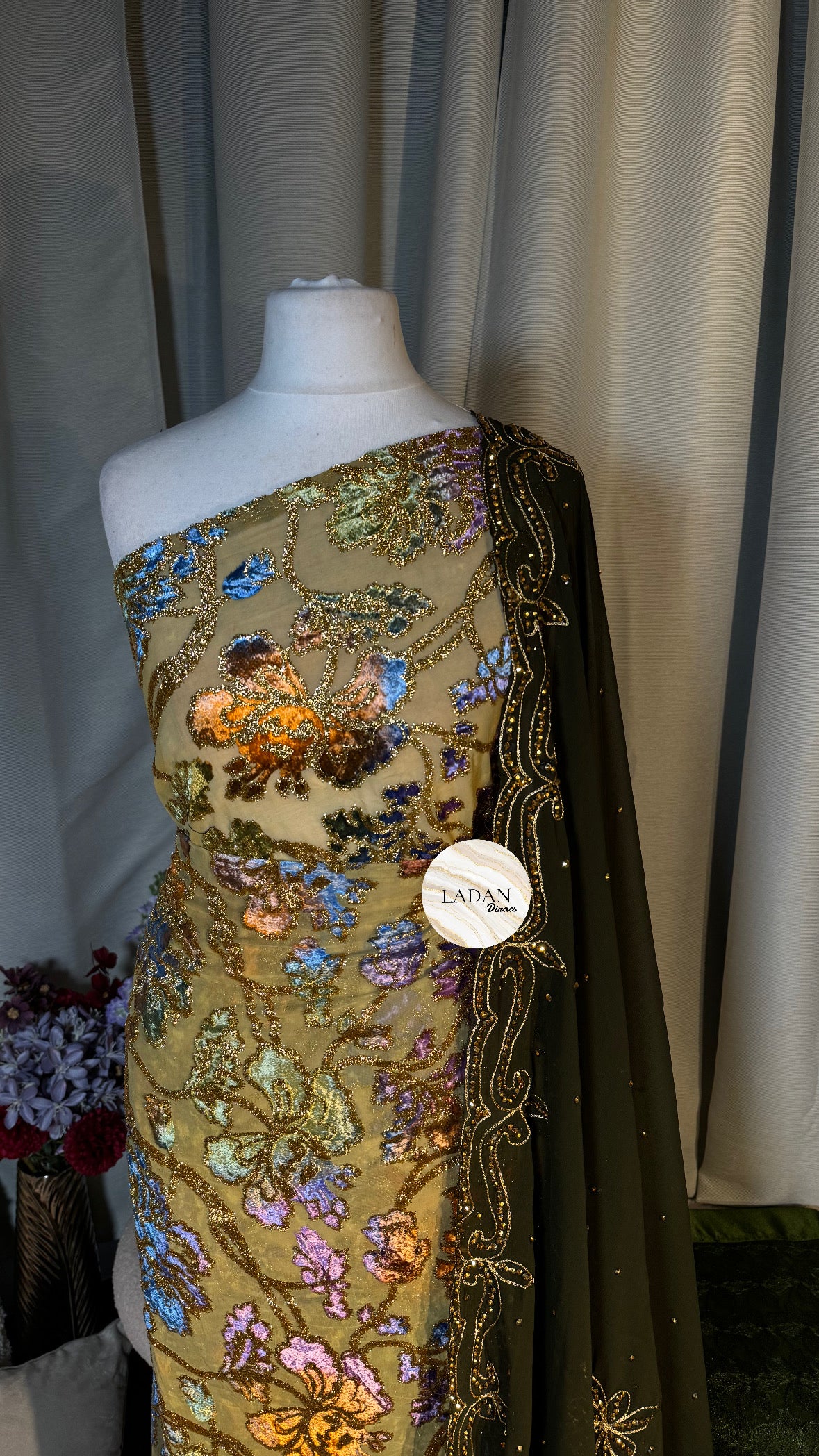 Floral Maqbal Collection | Olive Green Dirac Set