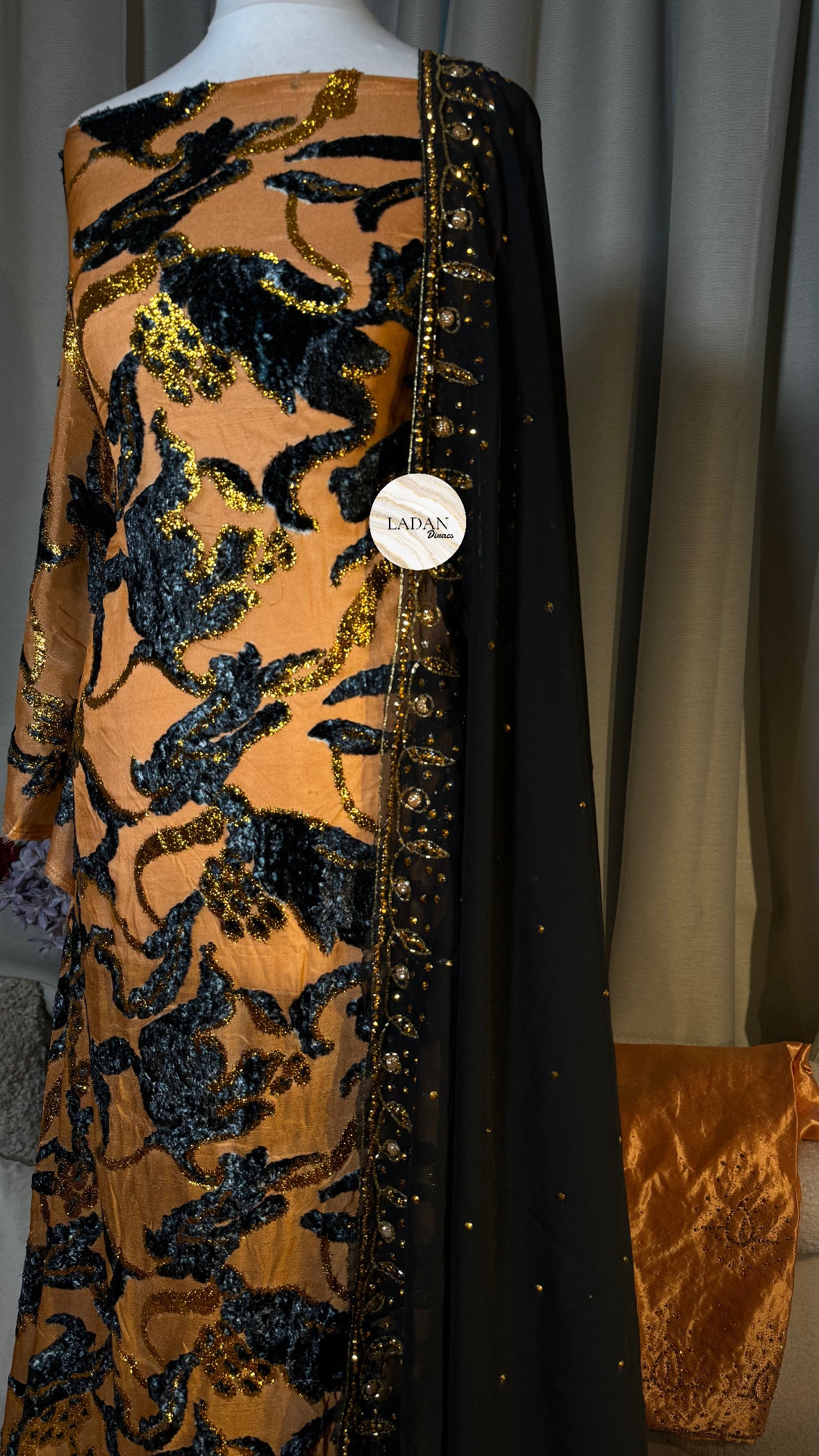 Floral Maqbal Collection | Black & Peach Dirac Set