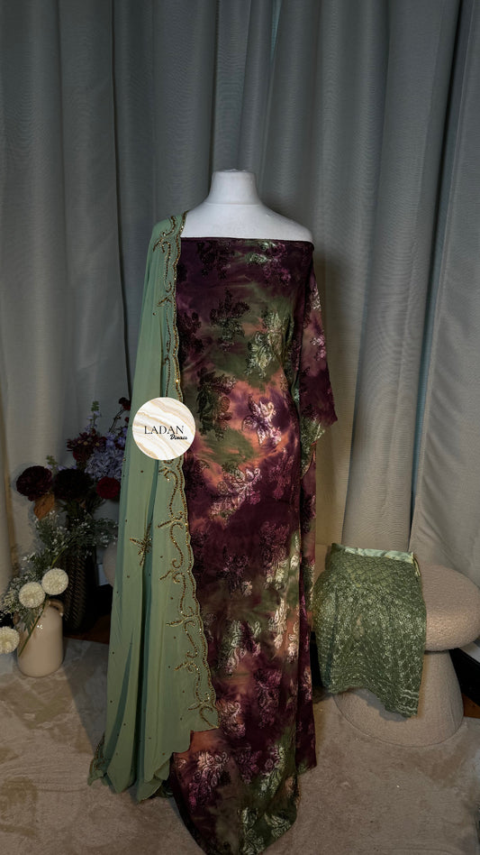 Floral Velvet Dirac Set - Plum/Sage-Green/Peach