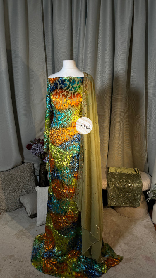 Leopard Maqbal Collection | Green/Orange/Blue Dirac Set