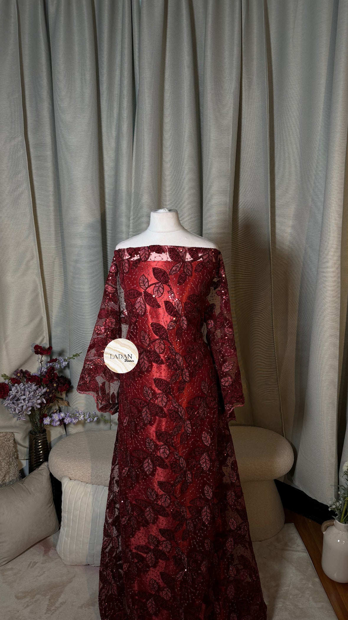 Maroon Leaf Lace Dirac Set