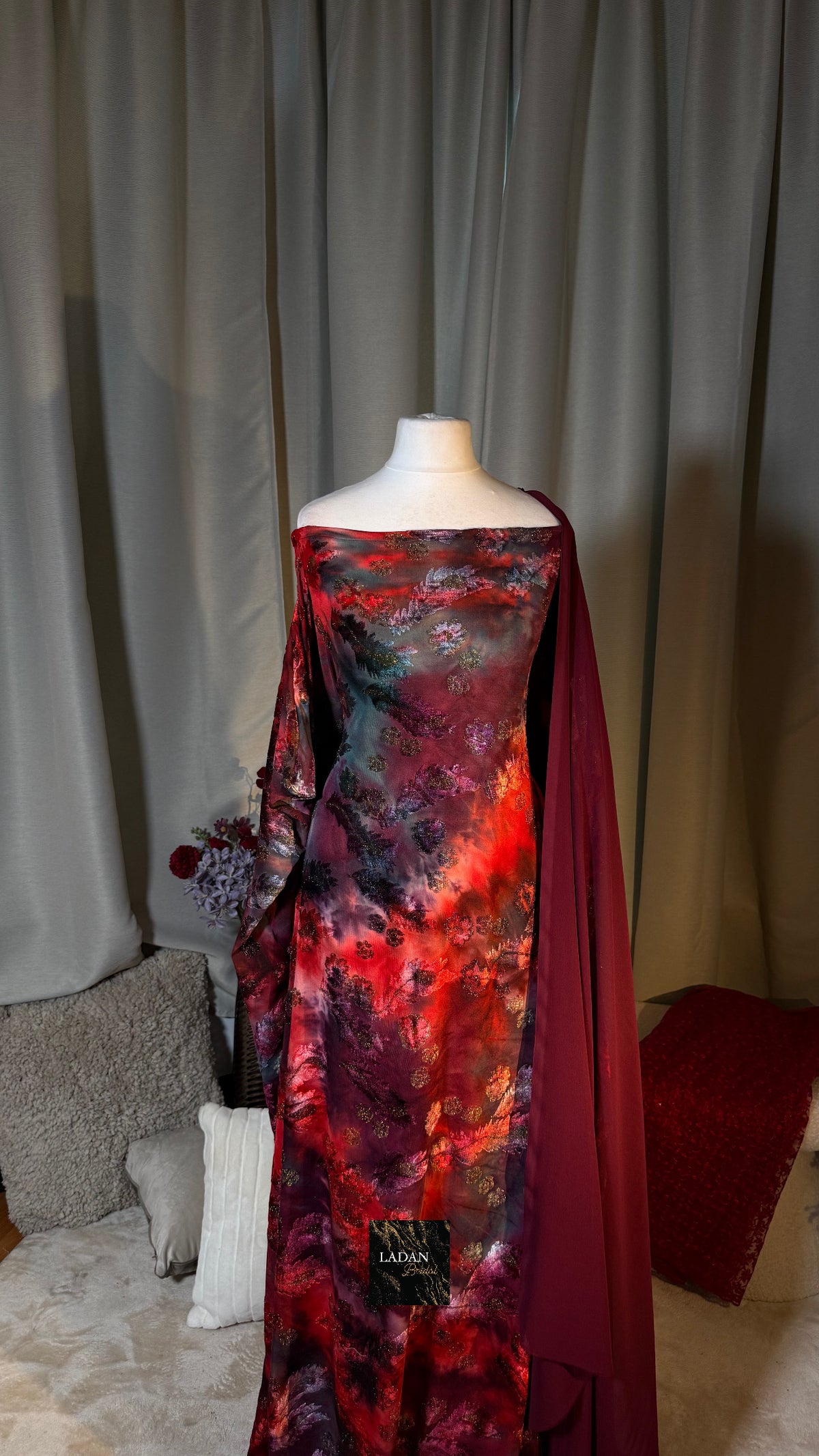 Pre-Stitched Half- Bac Floral Velvet Dirac Set - Maroon/Red/Teal - Abaya Size 58/60