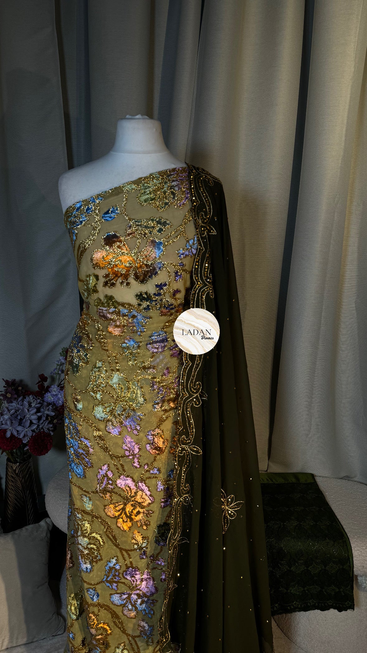 Floral Maqbal Collection | Olive Green Dirac Set