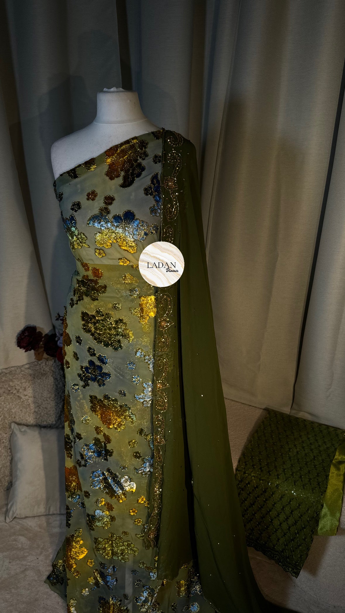 Floral Maqbal Collection | Olive Green Dirac Set