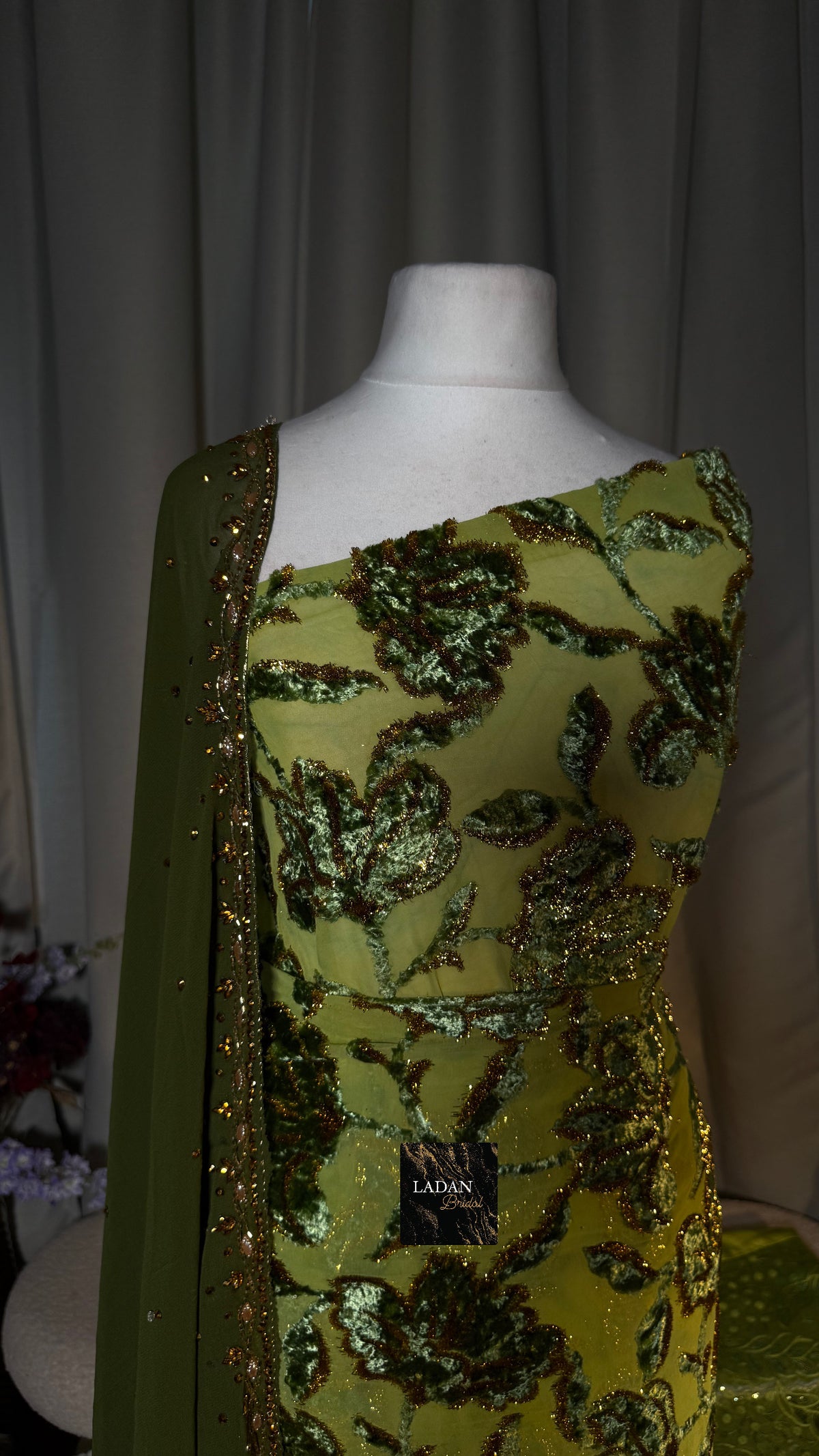 Luxury Maqbal | Hibiscus Collection | Olive & Mint Green Gold Dirac Set