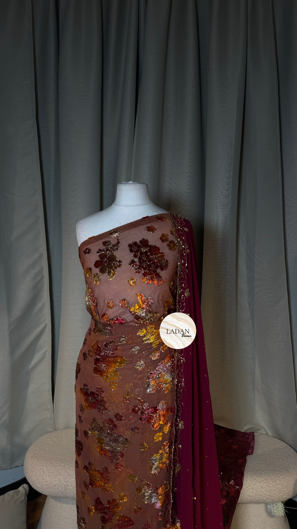 Floral Maqbal Collection | Wine & Brown Dirac Set