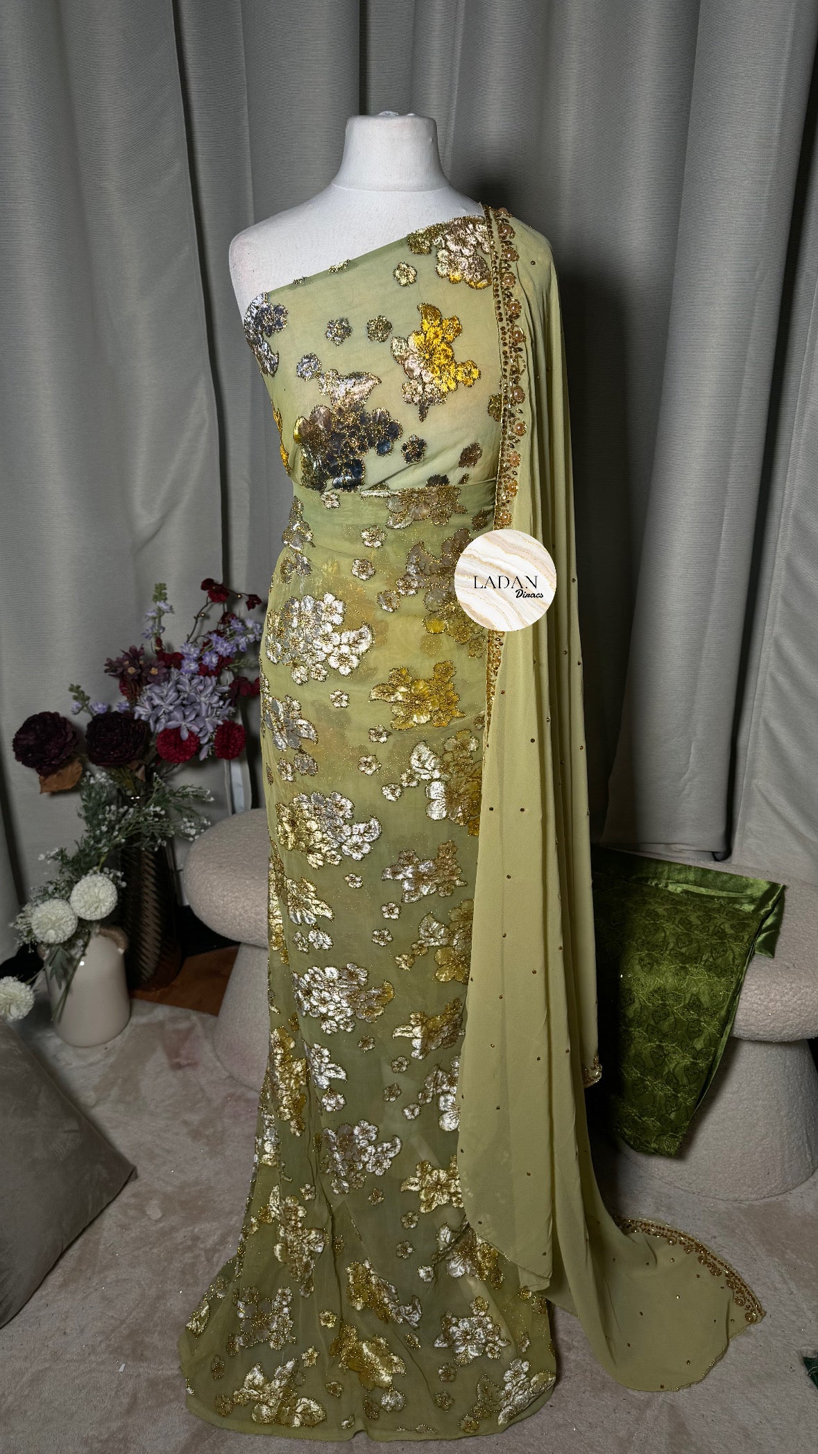 Floral Maqbal Collection | Sage Green Dirac Set